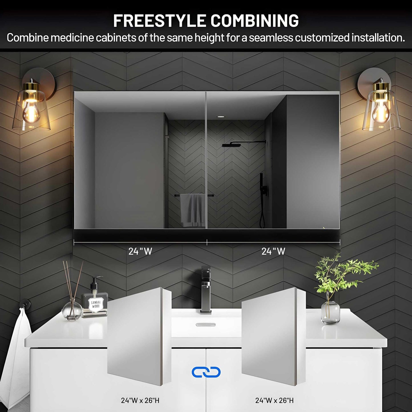AZDHOME 24 x 26 Inch Bathroom Medicine Cabinet with Mirror, Surface/Recessed, Aluminum Frame with Mirrored Side Panels, Adjustable Shelves, Space-Saving Modern Farmhouse Design, Assembly Required