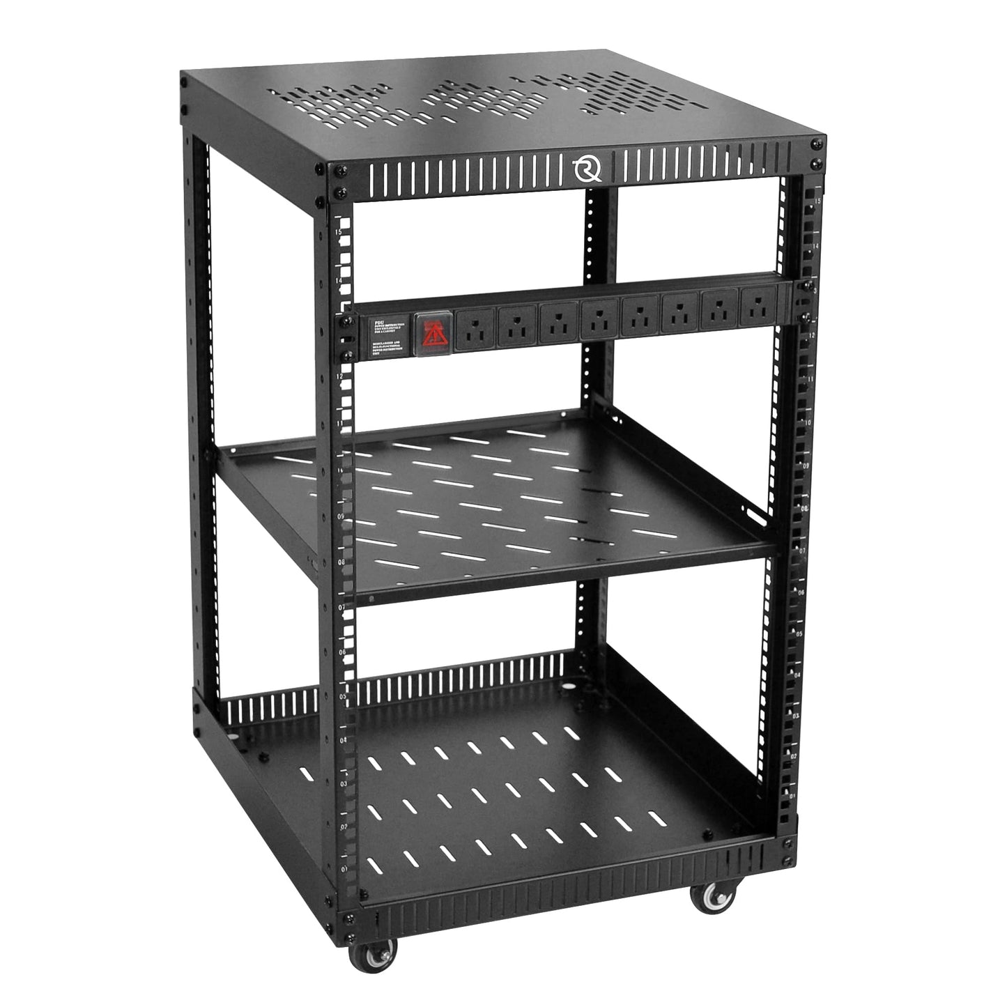 RIVECO 15U Network Rack with Reinforced Top Cover - 4 Post Floor Rack on Wheels for 19" Equipment & Stereo Gear- Including Rack Mount Power Strip & 1PCS 1U Rack Shelf