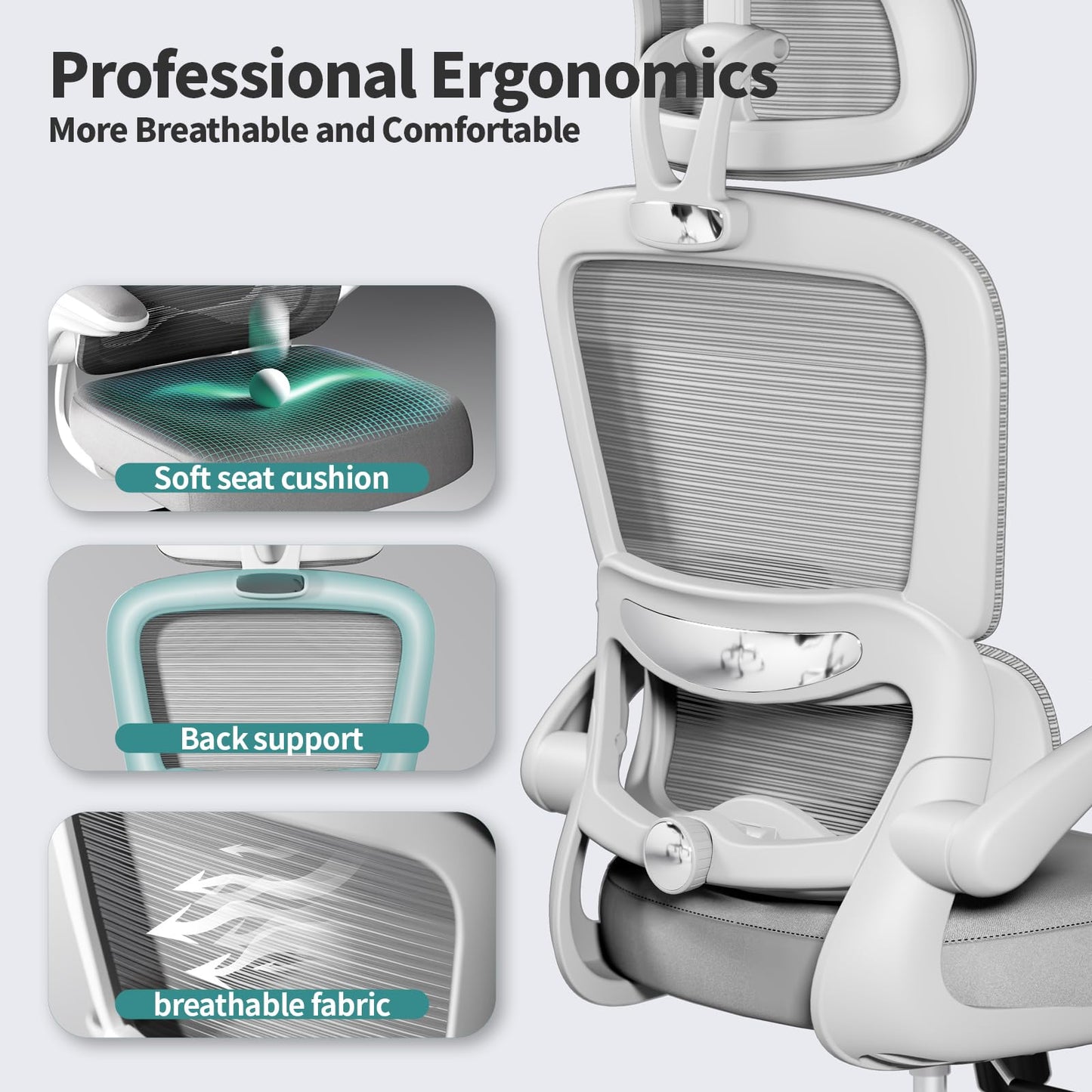 TRALT Office Chair Ergonomic Desk Chair, 330 LBS Home Mesh Office Desk Chairs with Wheels, Comfortable Gaming Chairs (Light Grey)