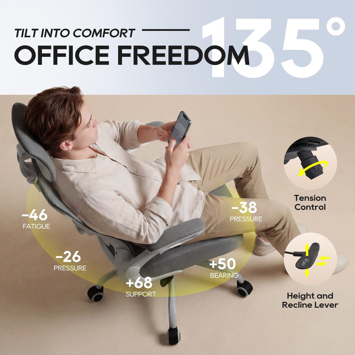 Ergonomic Office Chair, High Back Mesh Office Chair with Adjustable Lumbar Support, Flip-Up Armrests, Swivel Computer Desk Chair for Home Office