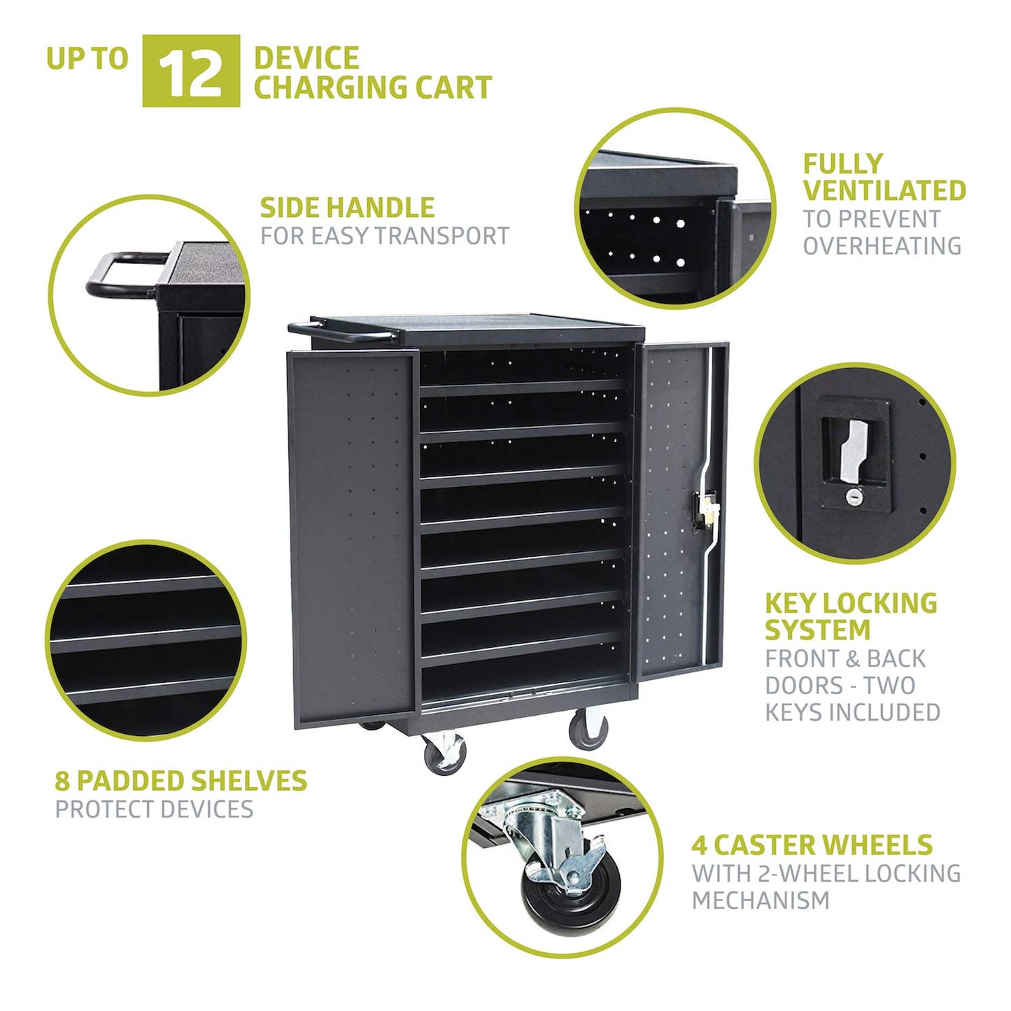 Pearington 12-Device Mobile Charging and Storage Cart for iPads, Tablets and Laptops Computers, Up to 16-inch Screen Size, Surge Protection, Front & Back Access Locking Cabinet, Black