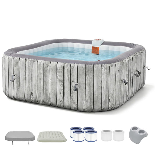 SunSwell 73" Inflatable Hot Tub 4-6 Person, Square Portable Outdoor Spa with 130 Soothing Air Jets, Heater Pump, Insulated Cover and Filter System, Leak-Proof PVC Blow Up Hot Tub for Backyard, Gray