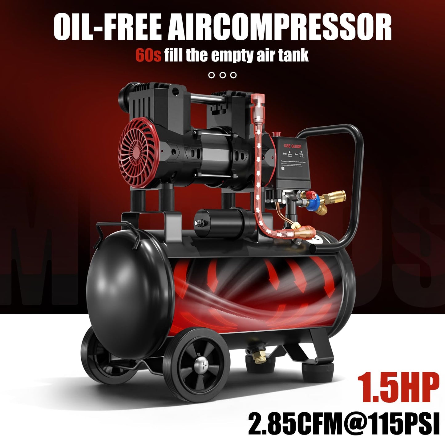 Portable Air Compressor with 8 Gallon Steel Tank, 1.5 HP 2.85 CFM @ 90 PSI, 116 Max PSI Oil-Free Air Compressor for Garage, Home Use, Tire Inflation, Nail Gun, DIY Projects,110V