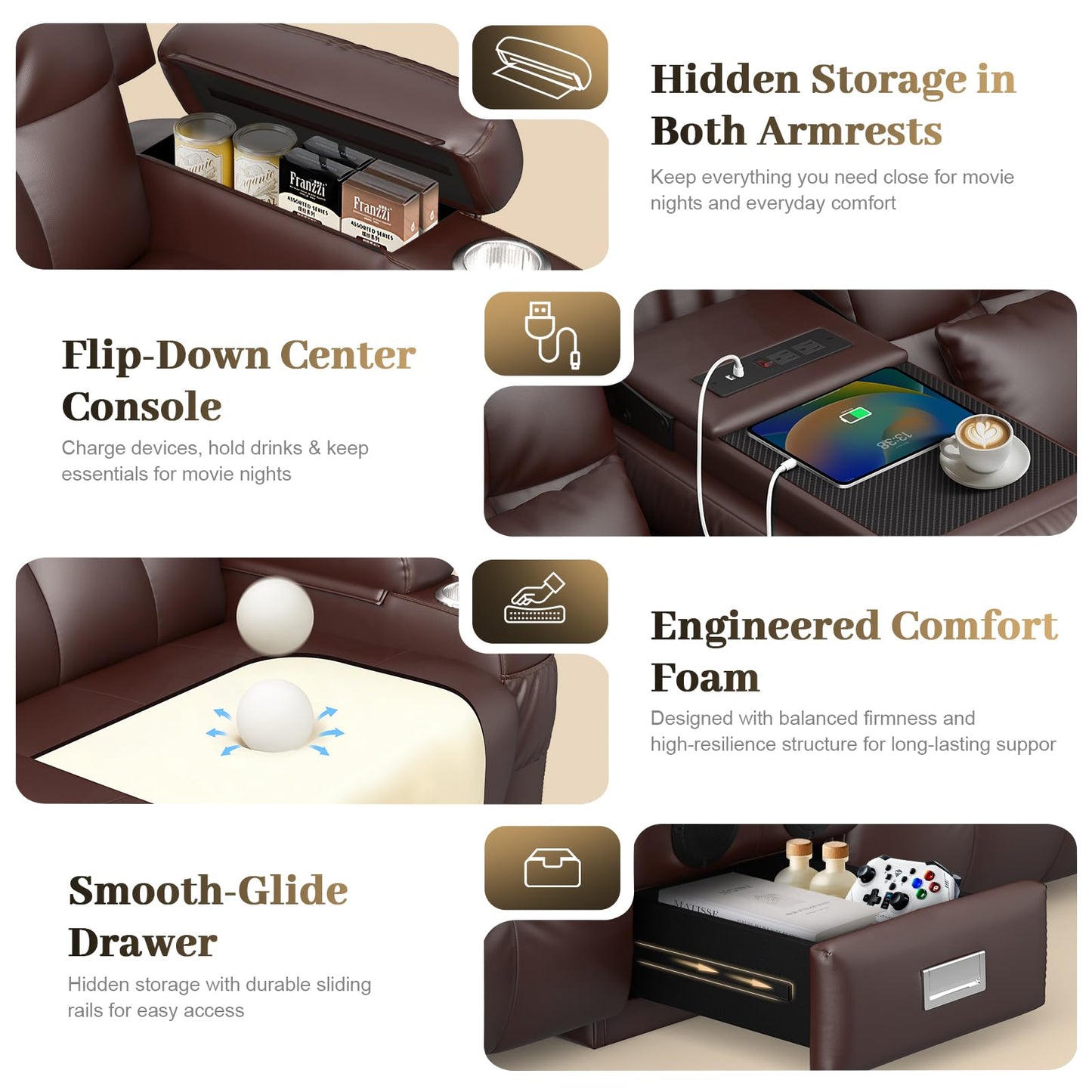 Aotolo Power Reclining Loveseat Sofa with Console, Wall Hugger RV Recliner Couch, Home Theater Seating with Heating & Massage, Bluetooth Speaker, LED Light, USB & Type-C Ports, Storage Armrests