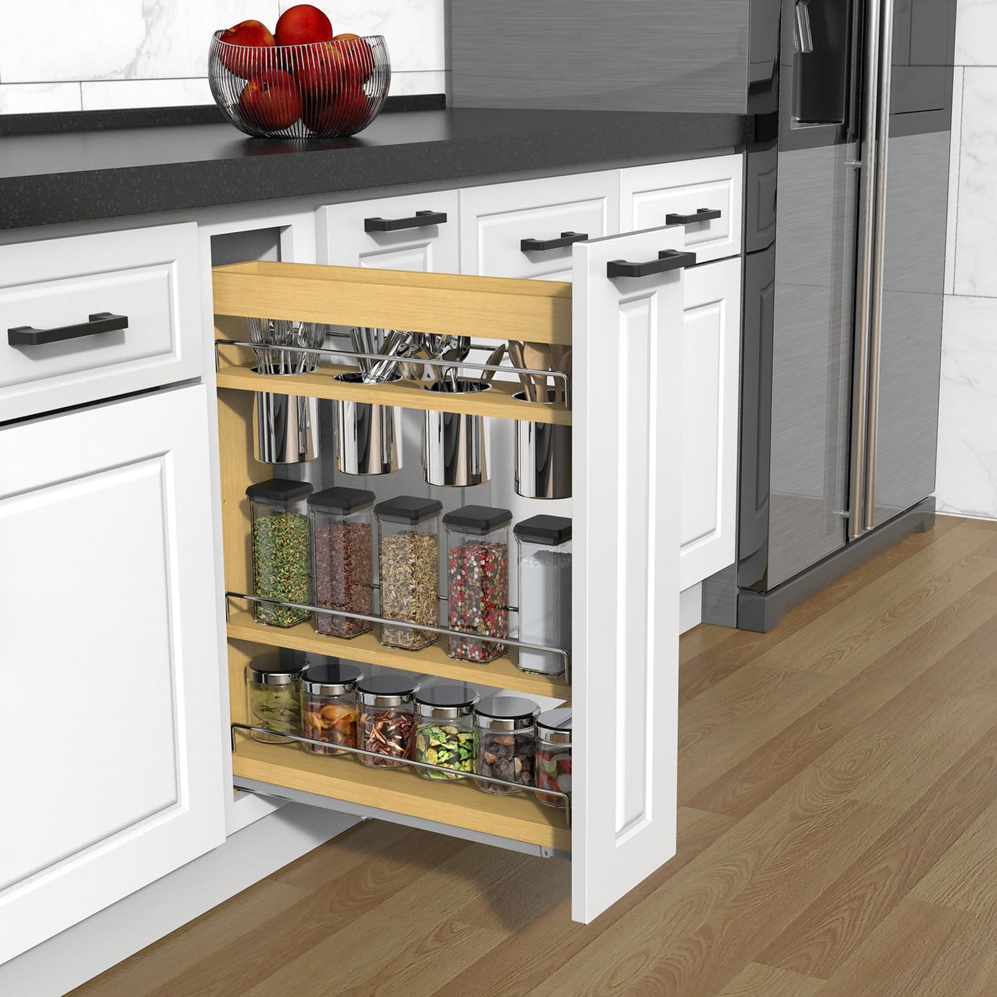 Pull Out Cabinet Organizer 8" Soft-Close Wood Pullout Shelf Organizer for Utilities Kitchen and Bathroom Base Cabinets, Slide Out Spice Rack