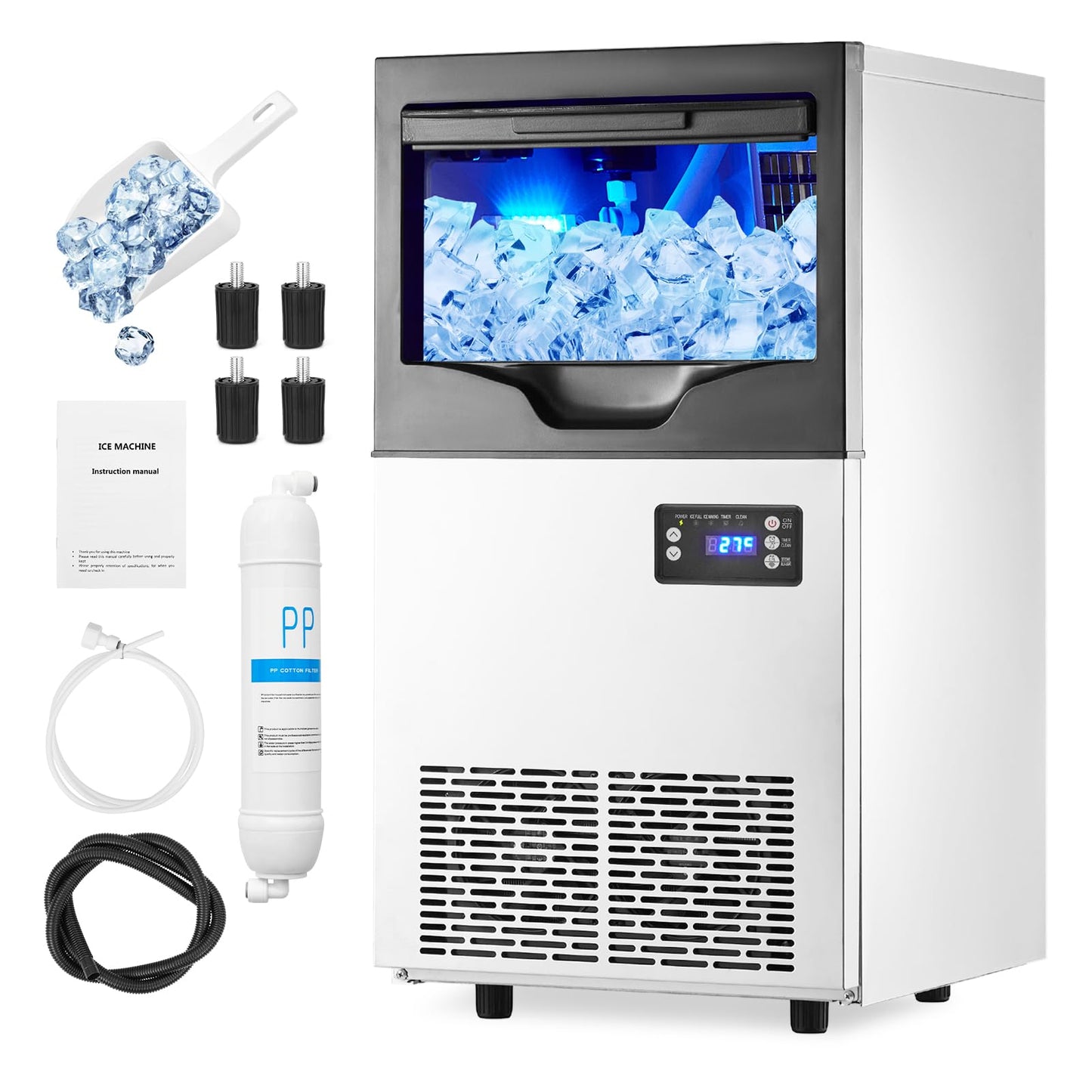 Commercial Ice Maker Machine 77LBS/24H, Stainless Steel Under Counter Ice Machine with 22LBS Ice Storage Capacity, Auto-Cleaning, 5x8 Ice Grid for Bar Restaurant Cafe Office Home, 110V 195W
