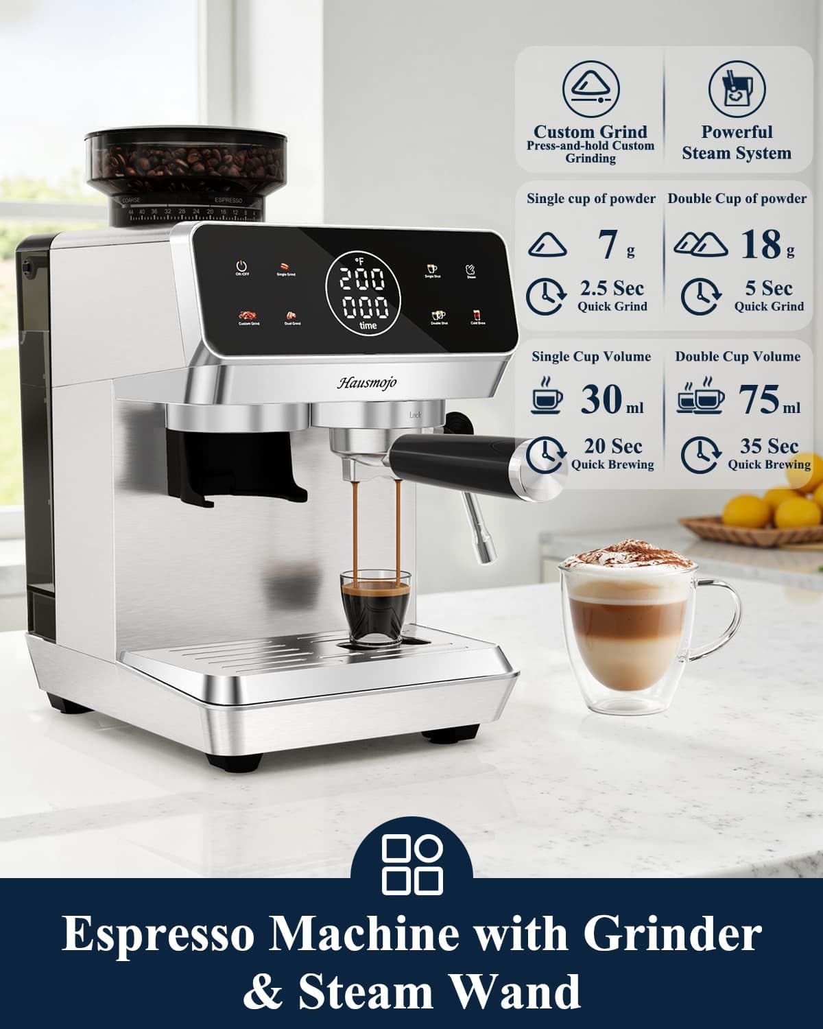Hausmojo CM1620 Espresso Machine with Built-in Burr Grinder, 20 Bar Bean-to-Cup Espresso Maker with 44 Grind Settings & Steam Wand, Touchscreen Coffee Machine for Latte, Cappuccino