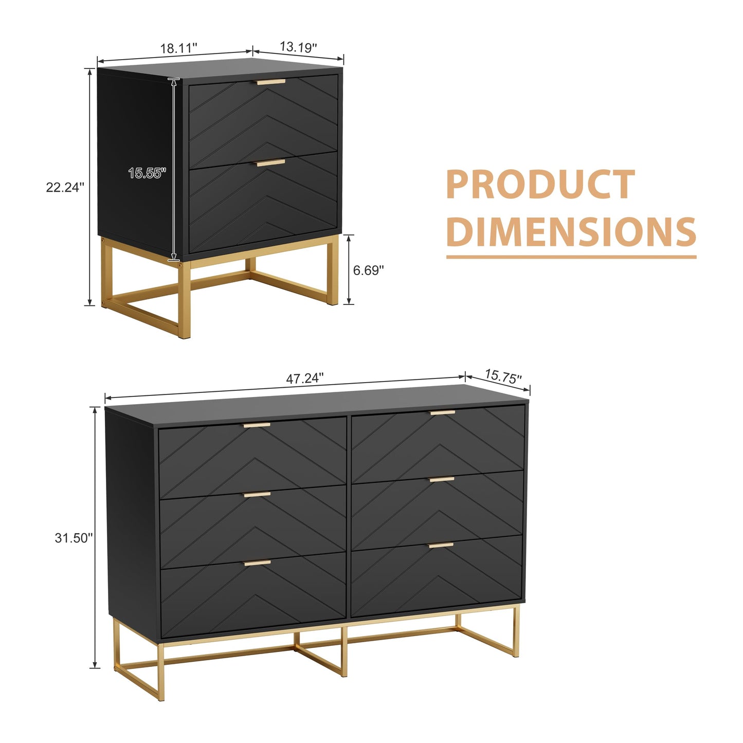 Anbuy Morden 3 Pieces Bedroom Sets, 6 Drawer Dresser and Nightstand Sets for Bedroom, Night Stand Set of 2 & 6 Drawer Dresser with Gold Handles, Morden Wood Chest of Drawers Storage Cabinet Set, Black