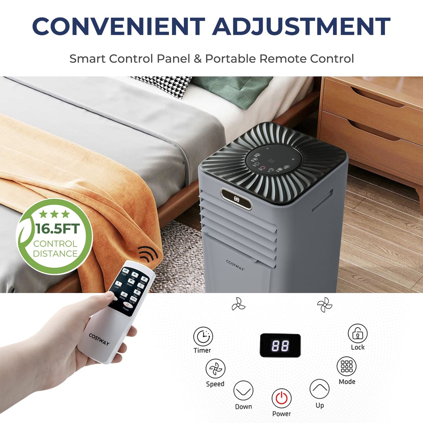 COSTWAY Portable Air Conditioner, 10000BTU Air Cooler with Drying/Fan/Sleep Mode, 2 Speeds, 24H Timer, Remote Control, Portable AC for Home & Office, Cools Room up to 350 Sq. Ft, Window Kit Included