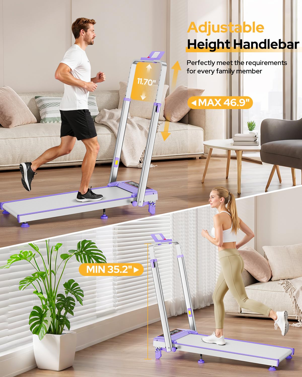 Trisomy 12% Incline Walking Pad Treadmill for Home, 3.5HP Walking Pad with Incline/Adjustable Height, 4 in 1 Under Desk Treadmill with Handle Bar, Foldable Treadmill 350LBS, APP & Remote, LED Display