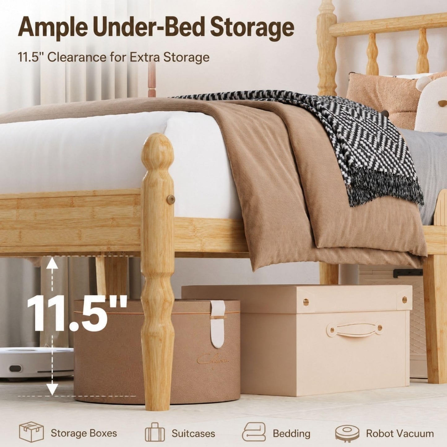 Hunlostten 14 Inch King Size Bed Frame Bamboo with Headboard and Footboard, Wood Platform Bed with Roman Column Design, Heavy Duty Metal Slats Support, No Box Spring Needed, Easy Assembly, Noise Free