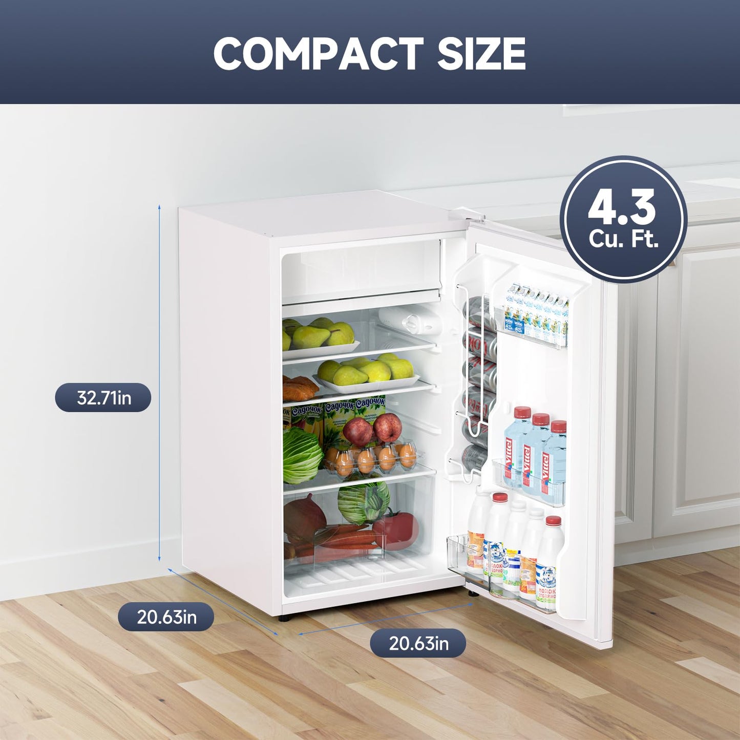 MilleLoom 4.3 Cu.ft Mini Fridge with Freezer, Compact Refrigerator Single Door for Bedroom Office Dorm RV, Adjustable Thermostat, Removable Glass Shelves & Crisper Drawer