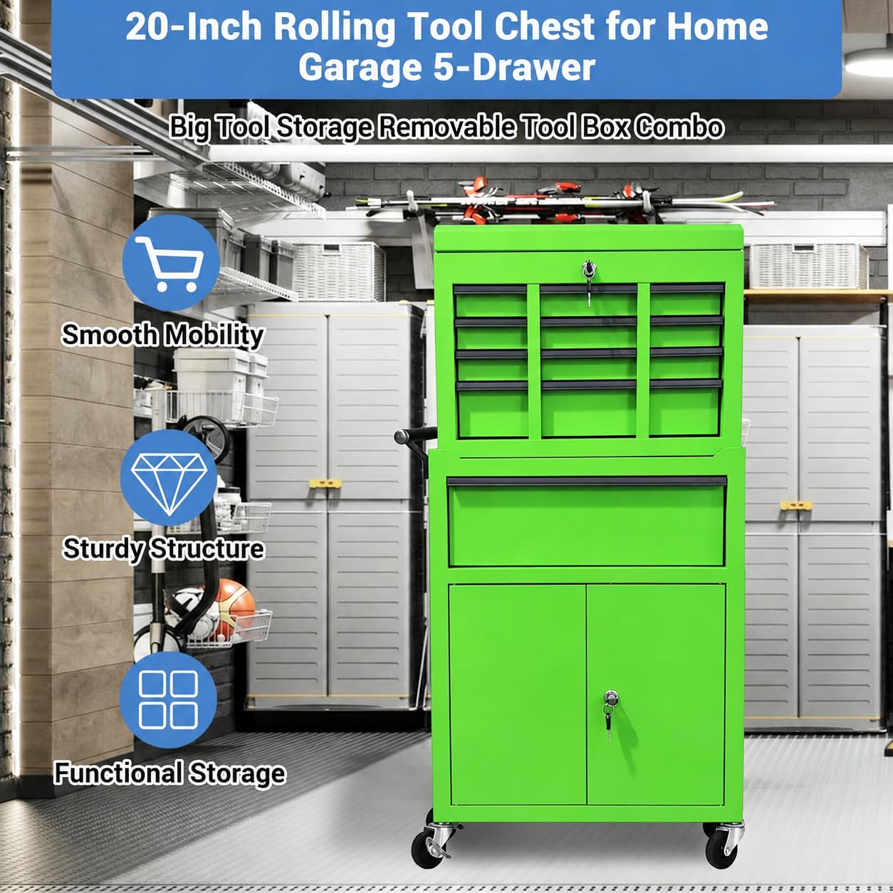 Garvee Large Capacity 20-Inch 5-Drawer Rolling Tool Chest & Cabinet - 2-in-1 Detachable Metal Organizer with Lockable Wheels, Lock Bar, Tool Rack & Liner for Garage & Workshop - Green