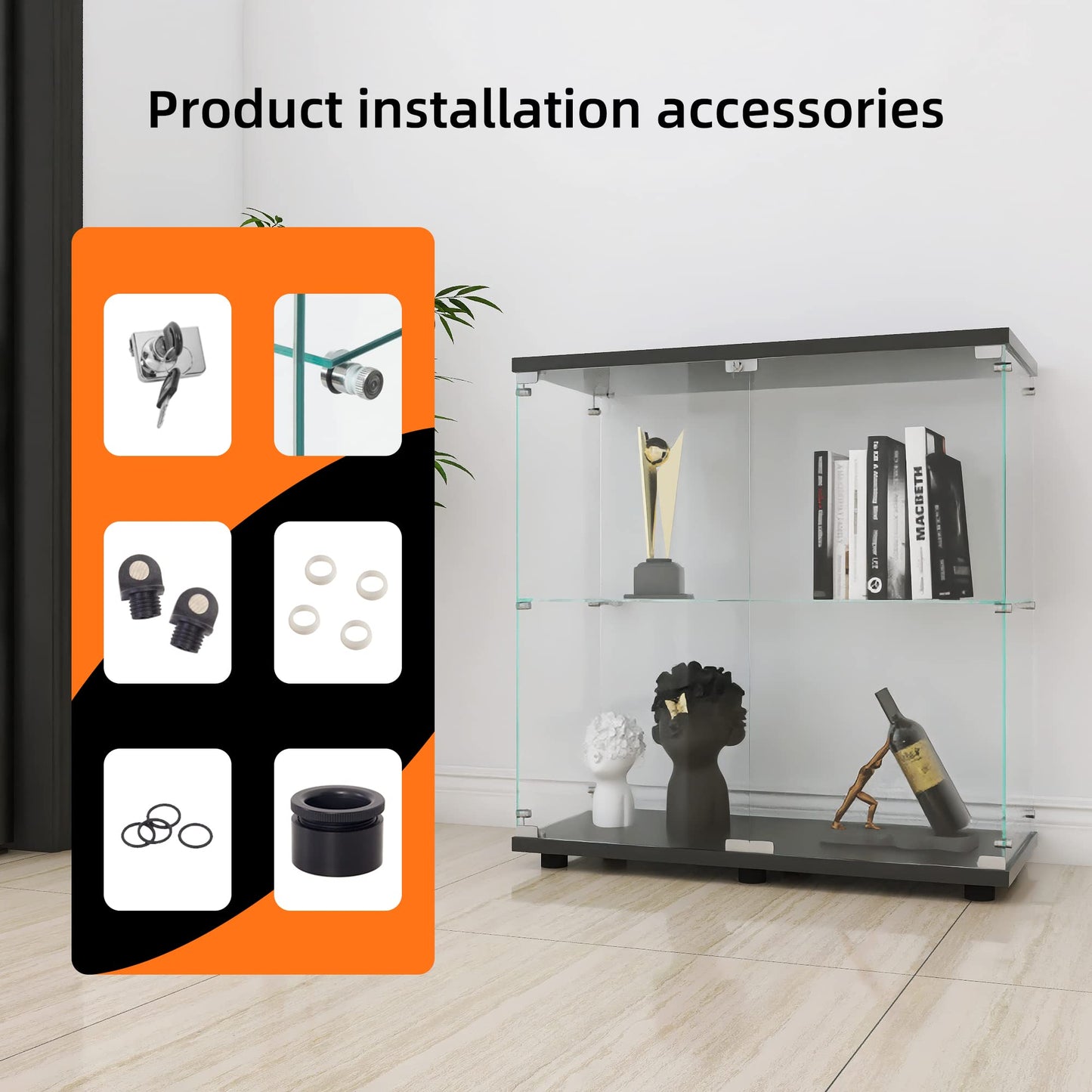 LFT HUIMEI2Y Glass Display Cabinet 2-Shelf with Double Door, Curio Cabinets Fast Installation in 30 Mins, Tempered Glass Floor Standing Bookshelf for Bedroom, Living Room 32.8”x 31.7”x 14.4” Black