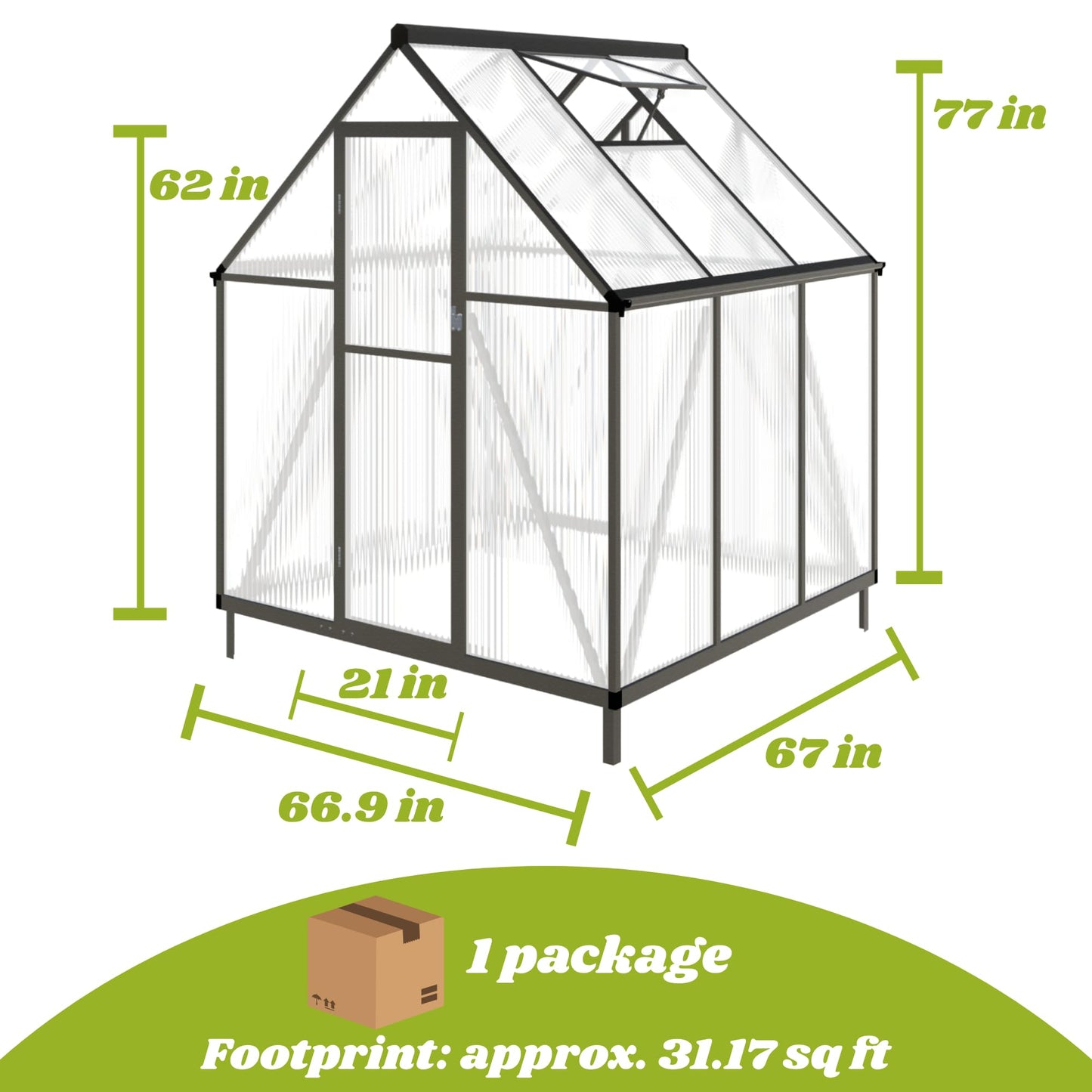Jiliusure 6x6FT Greenhouse for Outdoors, Polycarbonate Greenhouse with Quick Setup Structure and Roof Vent, Aluminum Walk-in Green Houses for Outside Garden Backyard, Charcoal Black