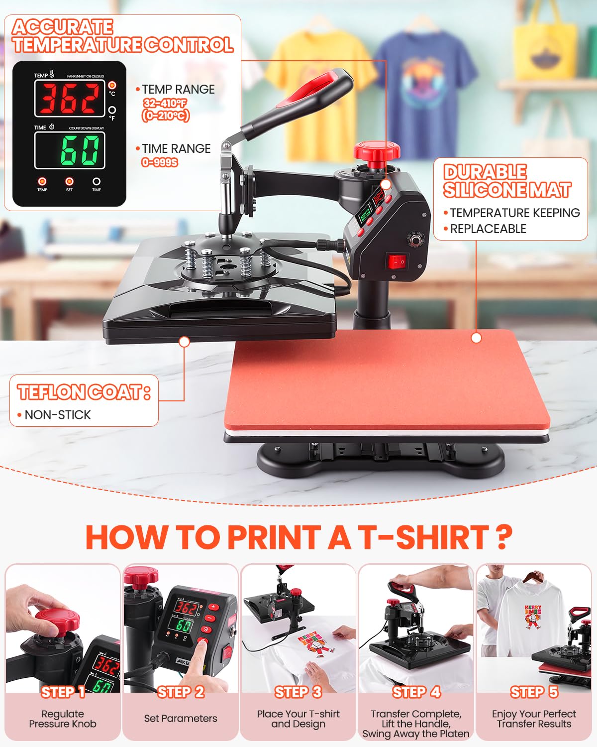 AKEYDIY Heat Press Machine,8 in 1 Multi-Function Heat Press Rapid Heating Tshirt Press,360° Digital Vinyl Sublimation Press Machine Heat Transfer Machine for T-Shirts,Cap,Mug,Plate,DIY