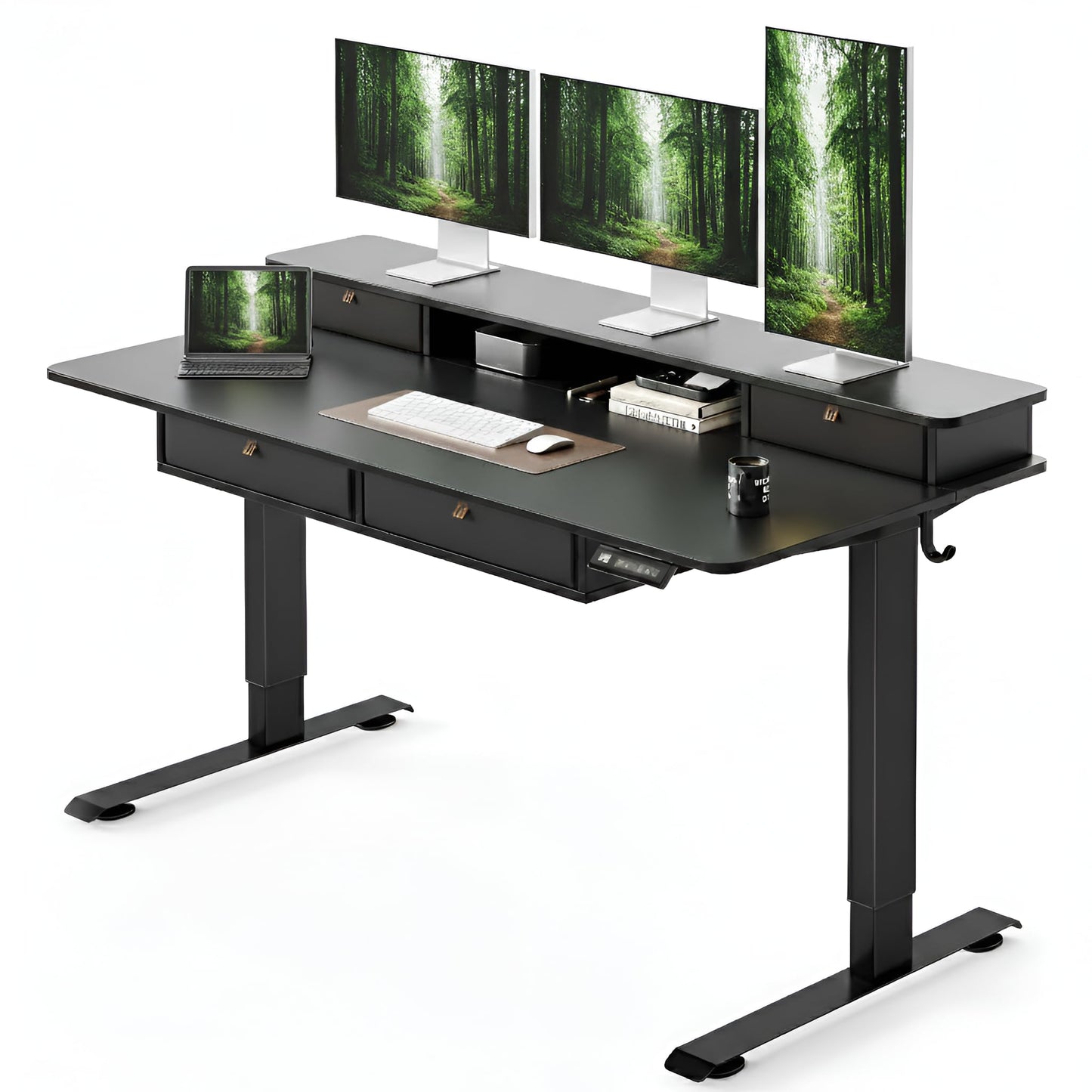 CubiCubi 60" x 30" Standing Desk with Drawers, Height Adjustable Electric Workstation, Computer Sit Stand Up Table with Large Storage Shelf 4 Drawers and 2 Hooks, Black
