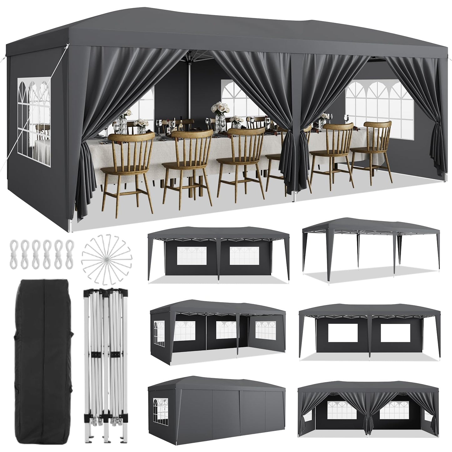Garvee 10x20 Pop Up Canopy Tent with 6 Removable Sidewalls, Easy Up Commercial Canopy Tents for Parties, Large Heavy Duty Outdoor Canopies with 3 Adjustable Heights, Stakes X18, Ropes X6, Grey