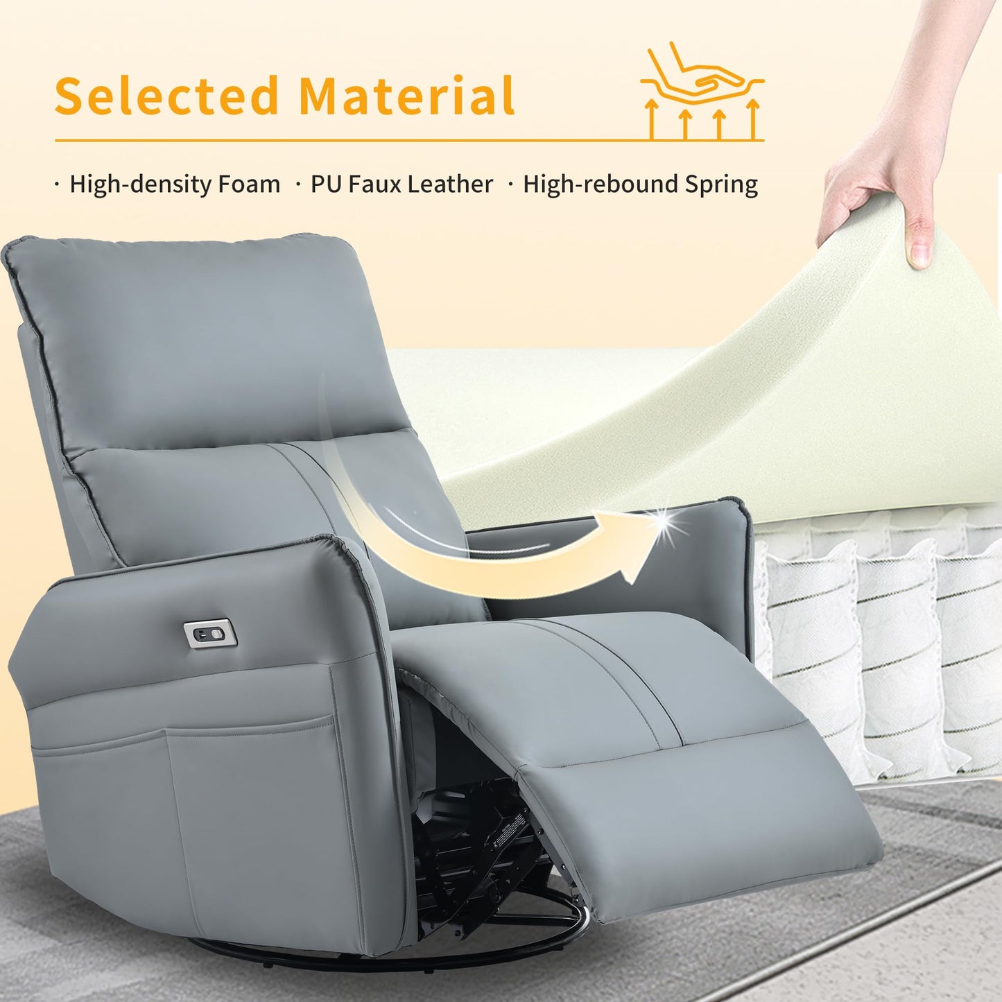 KEIKI 270 Degree Power Swivel PU Leather Power Recliner Chair, Nursery Recliners, Home Theater Recliner Chair, Rocking Chair Electric Glider Reclining Sofa with USB Ports, Blue Gray