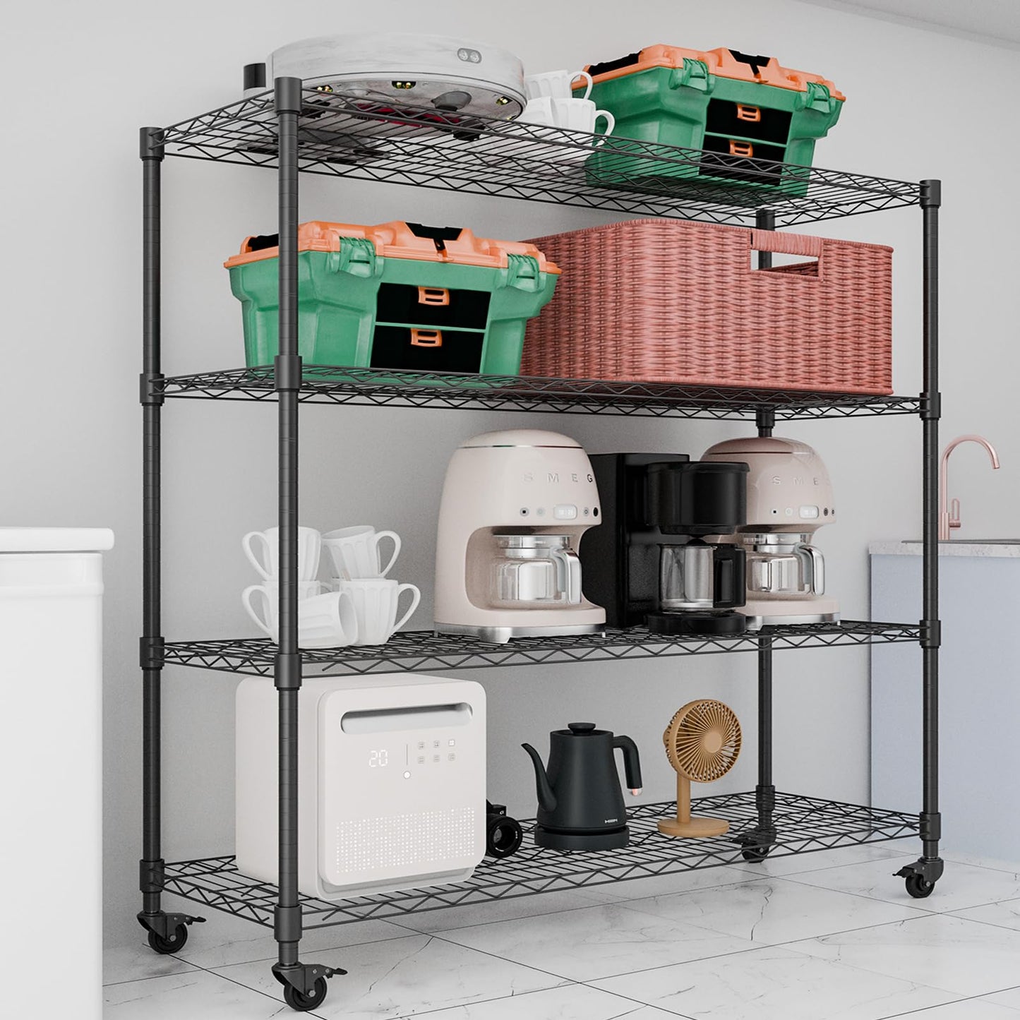 ZUIWAN 62.56" H x 59" W x 20" D Heavy Duty Metal Storage Rack with Wheels - Adjustable Wire Shelving Unit for Kitchen, Pantry, Garage & Commercial Use
