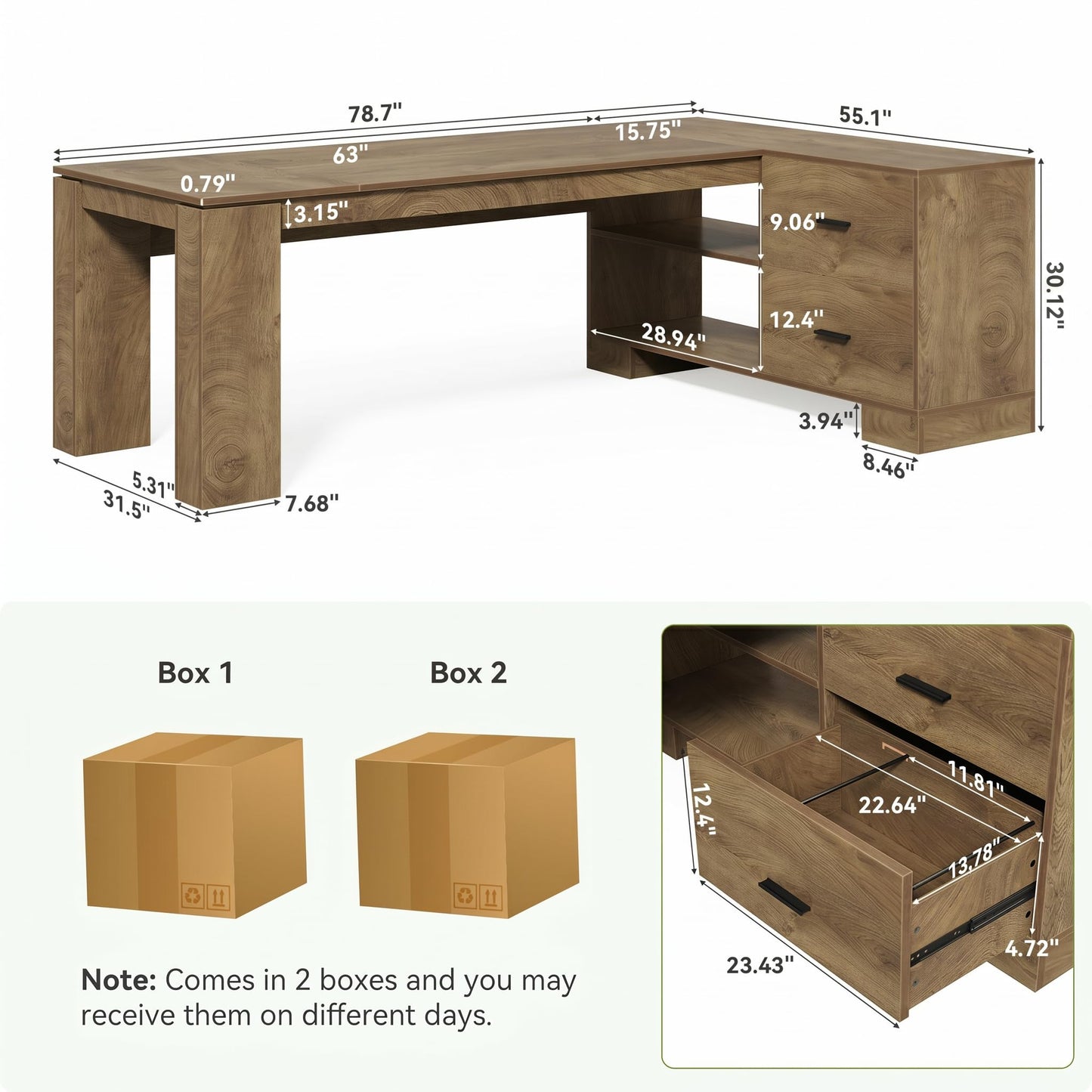 LITTLE TREE 78.7" L Shaped Office Desk with Drawers, Executive Computer Desk with Open Shelves Storage, Farmhouse Large Wooden L Desks Business Furniture, Brown