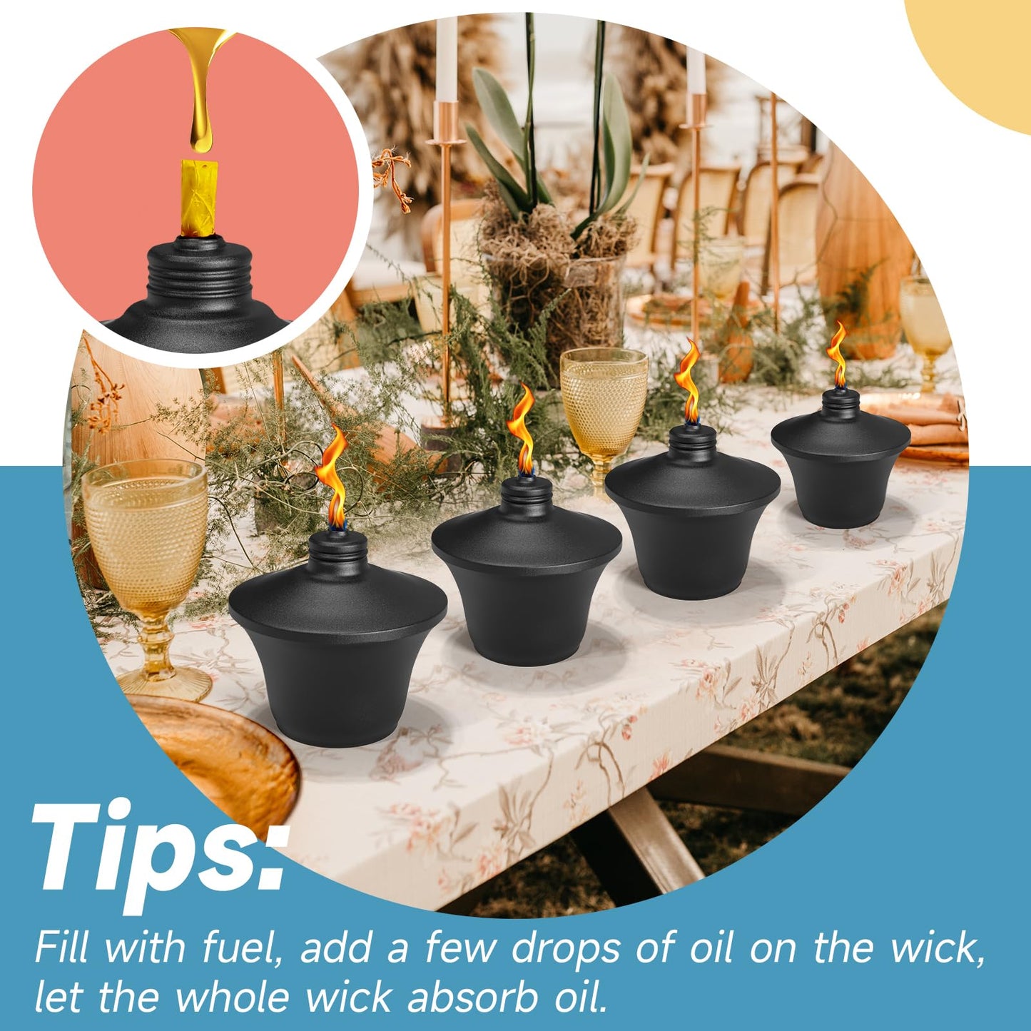 FALBAWR Citronella Tabletop Torches, 14.5 oz Metal Oil Burners, Black, 4-Pack, Fiberglass Wick for Outdoor Use