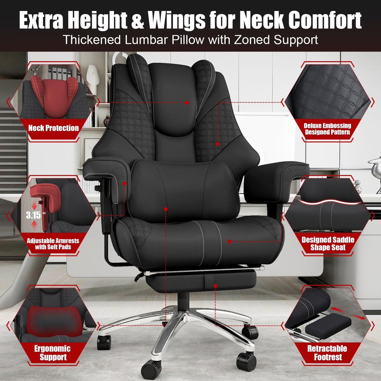 400lbs Big and Tall Office Chair, Wide Ergonomic Leather Executive Chair for Heavy People with Foot Rest, High-Back Reclining Computer Chair with Swivel Wheels and Lumbar Support (Black)