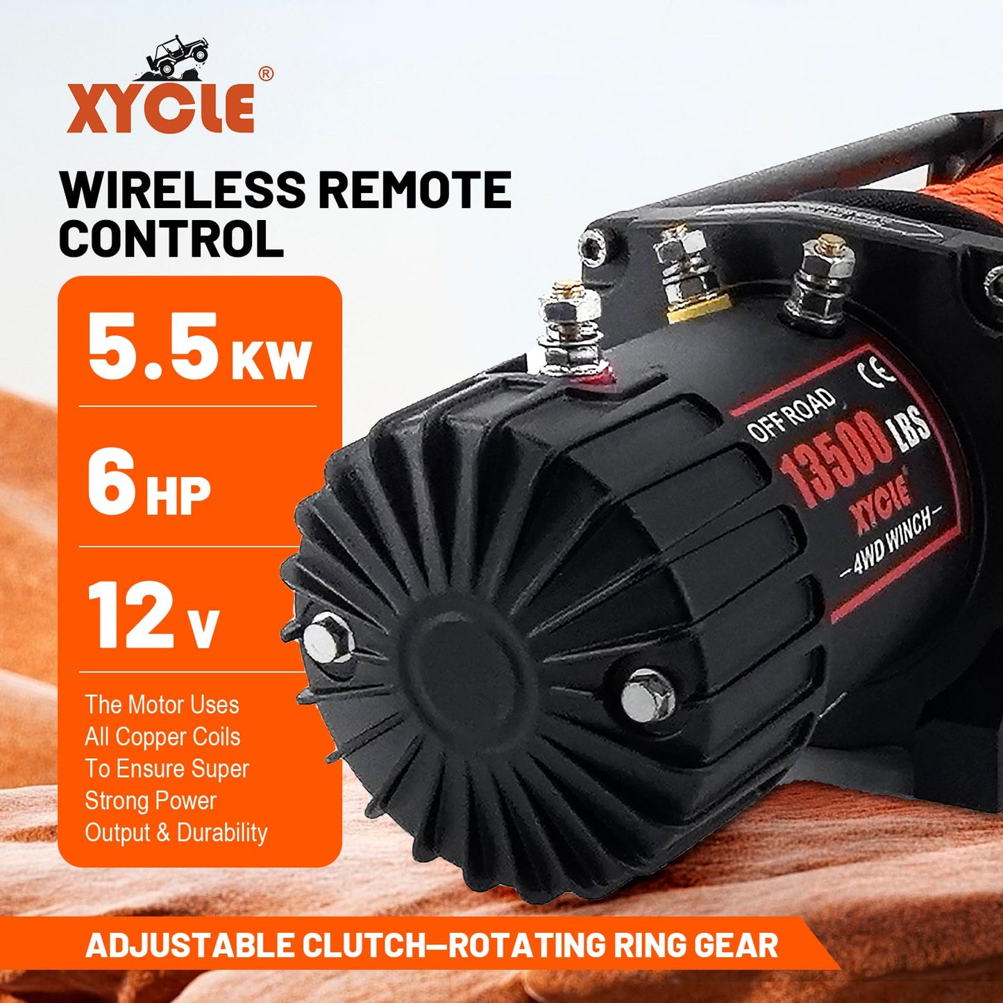 XYCLE Winch13500lbs 12V WaterproofElectric Winch Synthetic Rope Truck Winch Towing Winch Boat Trailer Winch SUV 4-Wheel Drive Off-Road Vehicle with Remote Control 3/8 Synthetic Rope (Dark-Orange)