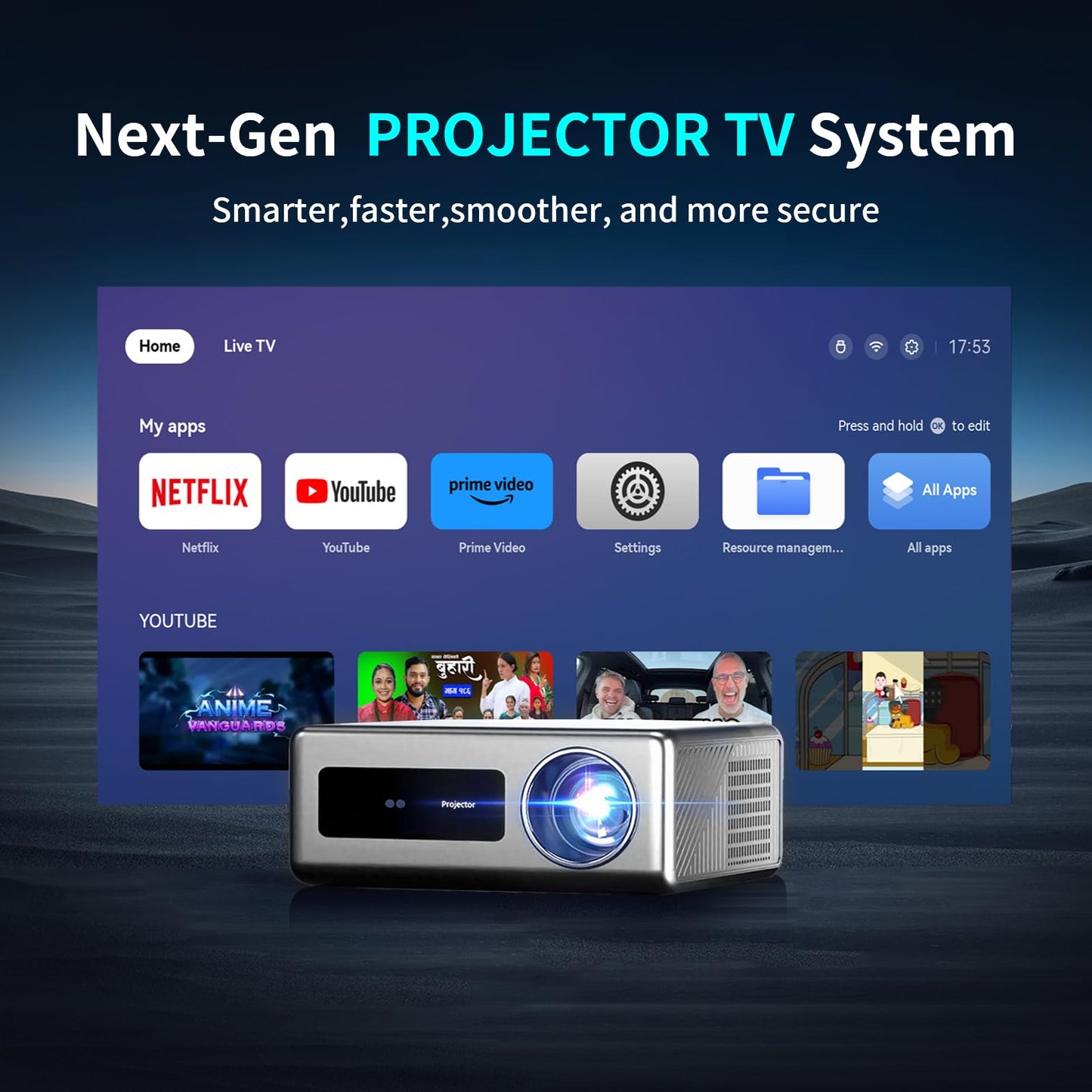 Smart TV Movie Projector , (Official licensed Netflix) 2000 ANSI 1080P Mini Portable Projector Proyector with WiFi and Bluetooth for Home Cinema, Supports 4K ,Auto Focus & Keystone.
