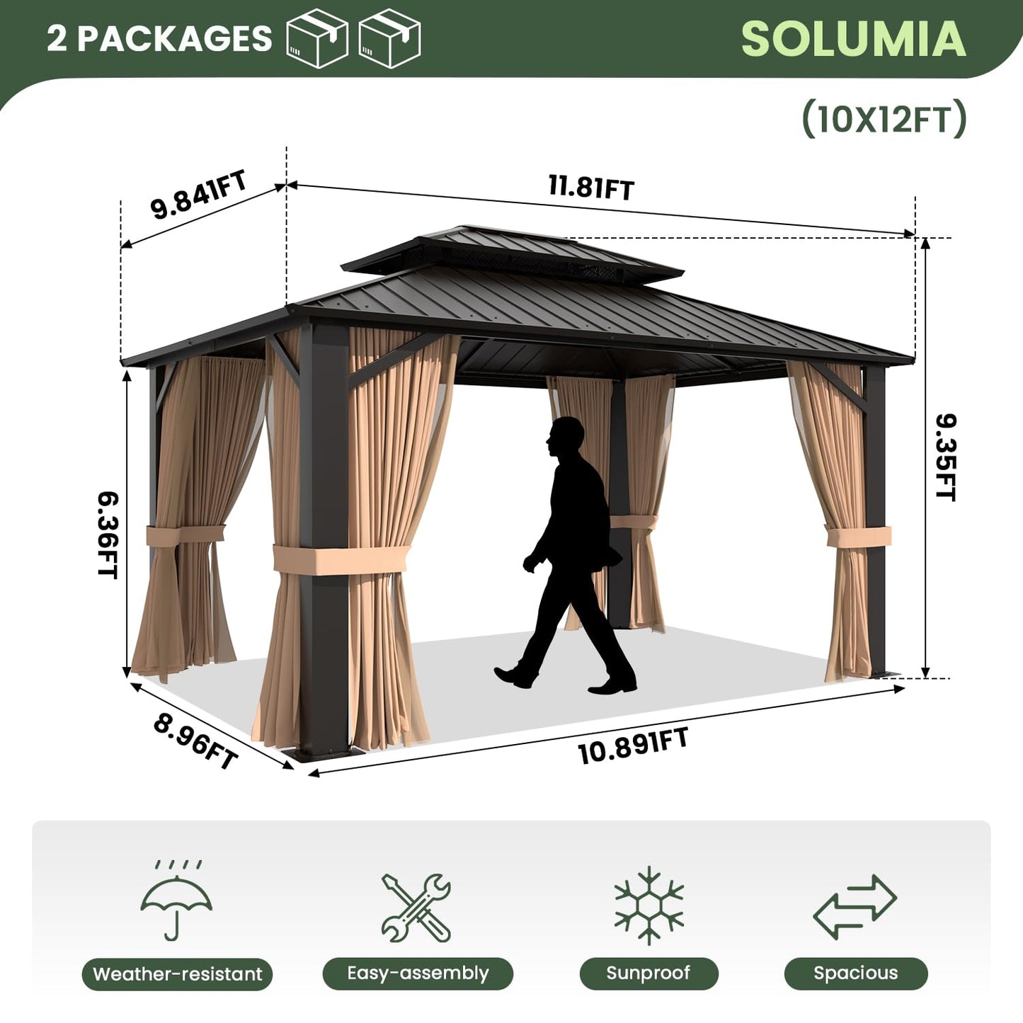 SOLUMIA 10’x12’ Hardtop Gazebo, Galvanized Steel Double Roof Canopy with Heavy-Duty Steel Frame, Outdoor Pavilion with Nettings and Curtains