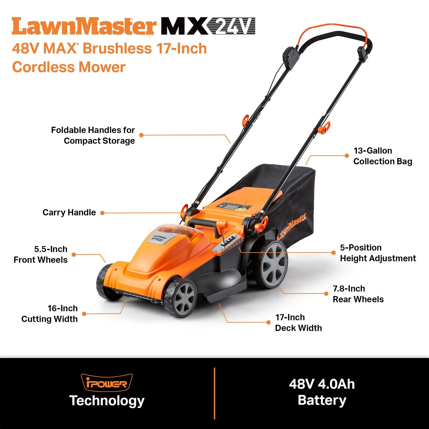 LawnMaster CLMF4817E 48V MAX Brushless Mower with 2X24V MAX 4.0Ah Battery and a Dual Charger