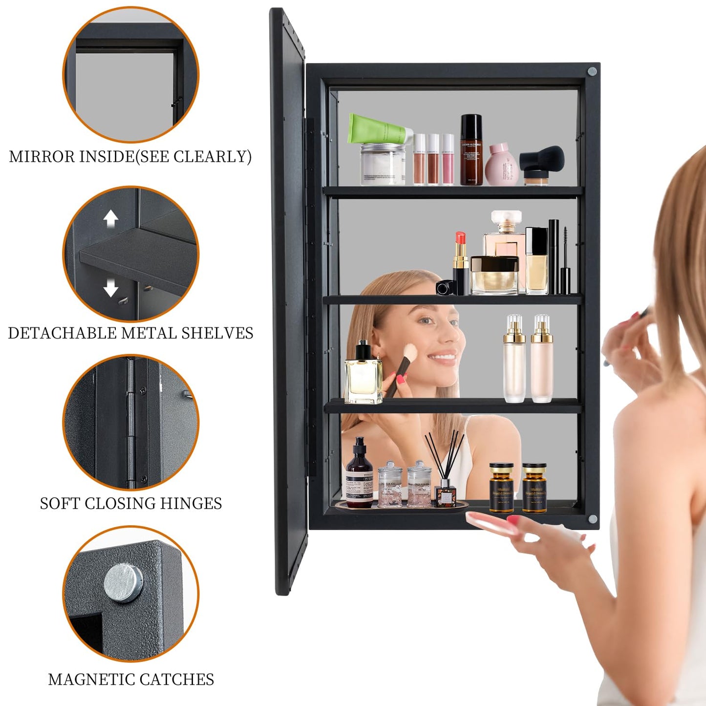 YOOSHINE Black Bathroom Medicine Cabinet with Mirror Squared Rectangle Metal Frame Recessed Or Wall Mounted Single Door Storage Medicine Cabinets with 3 Adjustable Shelves (Black, 20 * 30'')