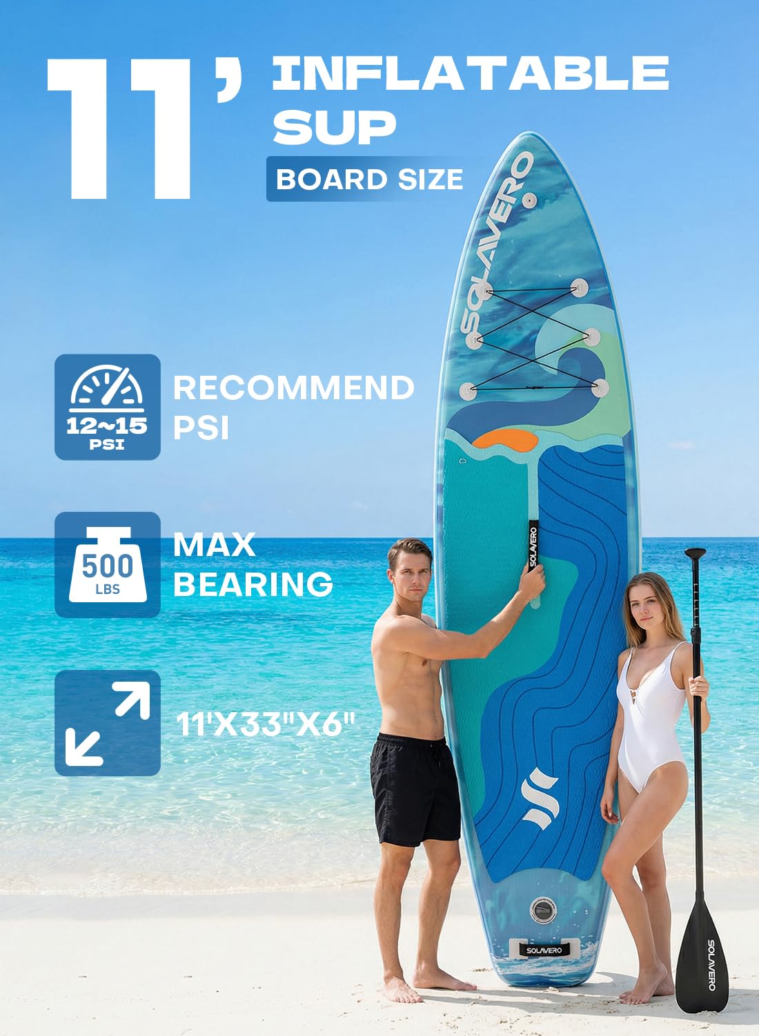 SOLAVERO 11' Inflatable Stand Up Paddle Board with SUP Accessories, Blow Up Paddle Board with Anti-Slip EVA Deck for Adults All Skill Levels, 500lb Capacity