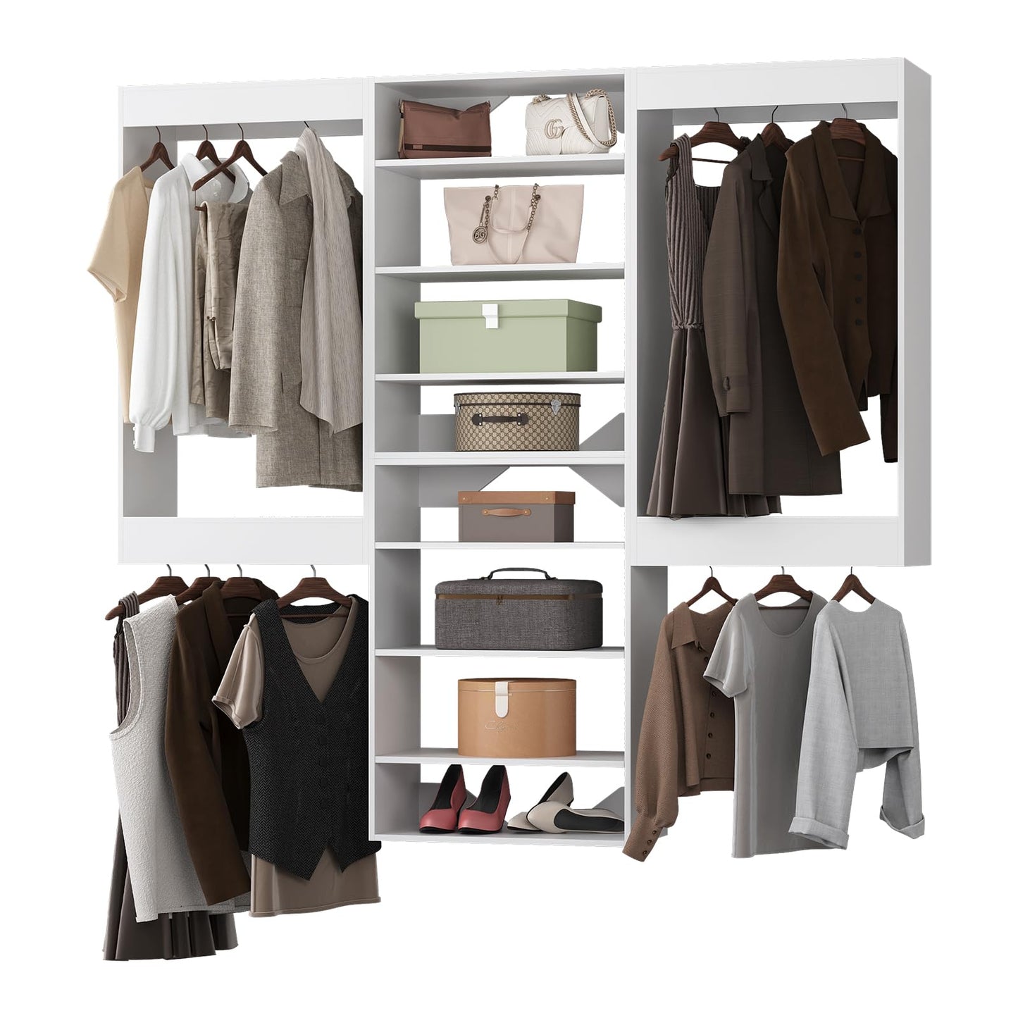 MODCART Modular Closet System, 60" Wide Closet Organizer System with Hanging and Towers, Wood Tower Closet Storage for Walk In Closets, Wall Mounted Wardrobe Organizer Kit System, Bedroom, White