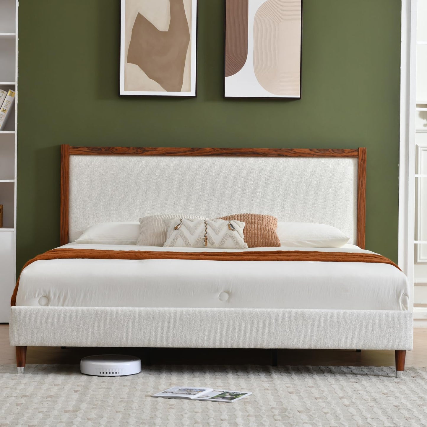 YUHUASHI King Upholstered Platform Bed Frame with Solid Wood Trim Headboard, Linen Fabric Upholstery, Sturdy Slat Support No Box Spring Needed, Easy Assembly (Cream, King (U.S. Standard))