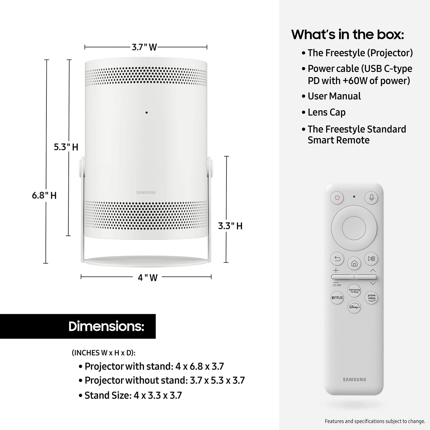 SAMSUNG 30" - 100" The Freestyle FHD HDR Smart Portable Projector for Indoor and Outdoor Home Theater, Big Screen Experience with Premium 360 Sound w/ Alexa Built-In (SP-LSP3BLAXZA)