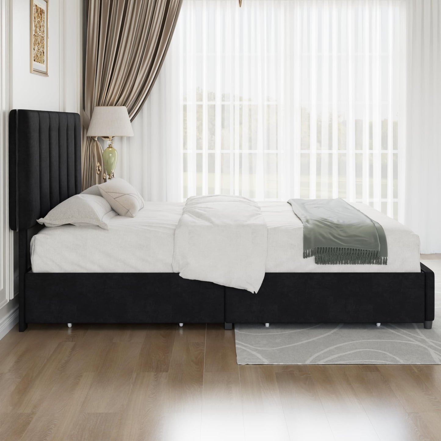 VECELO Queen Size Bed Frame with 4 Storage Drawers, Adjustable Height Headboard, Heavy-Duty Platform Bedframe with Strong Wooden Slats, No Box Spring Needed, Black