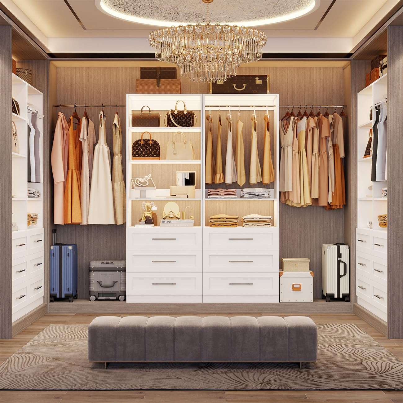 Closet System with 6 Drawers, Wood Closet Organizer System, Walk-in Closet or Small Closet System with Shelves, Modular Closet Systems with 3 Expandable Hanging Rods, 2 Sets, White (4FT)