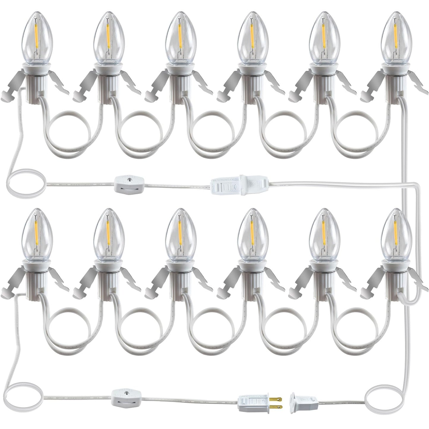 Wltotuay C7 LED Light Bulb Cord Clip Lights, 12 Bulbs, Brass, White, Model 6LED for Christmas and Party Decorations