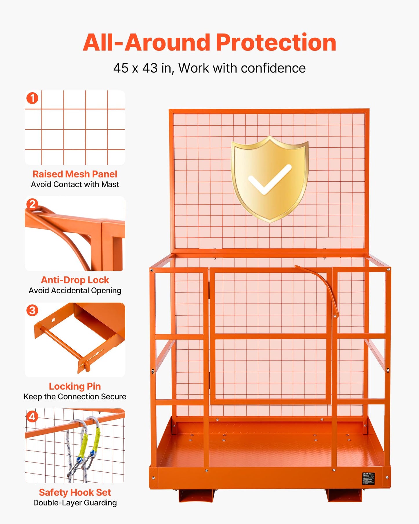 VEVOR Forklift Safety Cage, 48.2 x 45.2 Inch Heavy Duty Forklift Man Basket, 1400 lbs Capacity Collapsible Work Platform Lift Basket with Safety Harness & Lock, for Most Aerial Jobs Lifting Loader