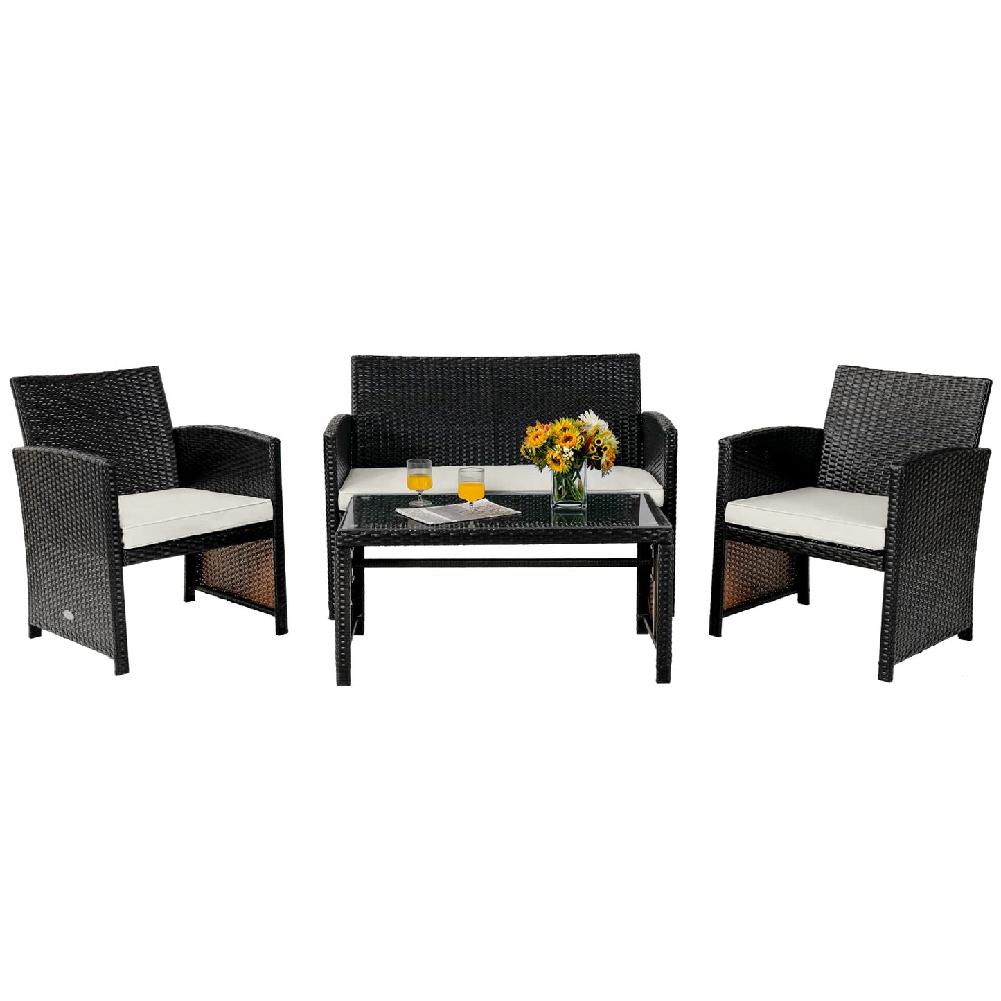 COSTWAY 4 Piece Patio Furniture Set, Outdoor PE Rattan Wicker Sectional Sofa with Cushion and Coffee Table, Patio Conversation Sets for Balcony Lawn Porch Patio Backyard Garden Poolside, White