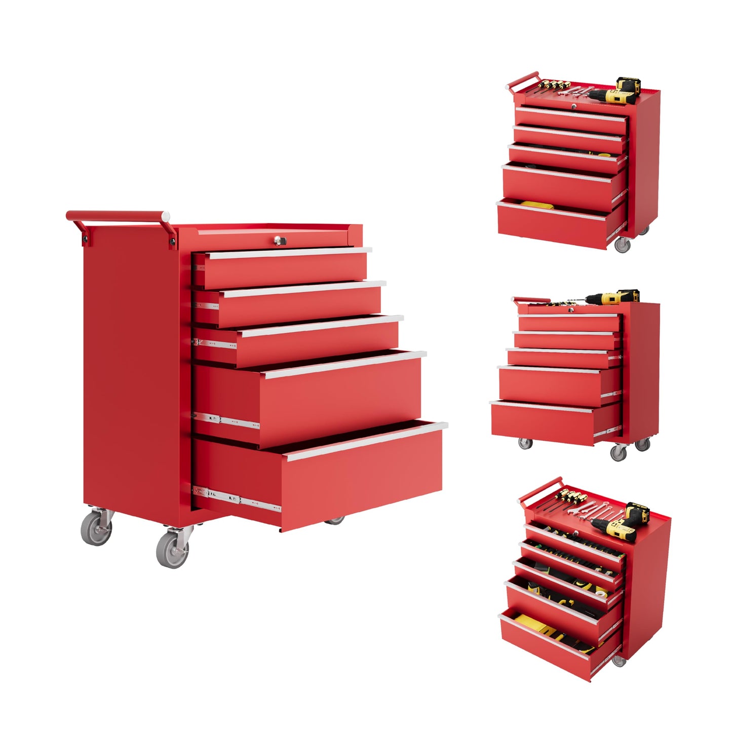 IDEALHOUSE Rolling Tool Chest, 5 Drawers Tool Storage Cabinet, Toolbox with Wheels, Portable Tool Cabinet Organizer with Locking System & Drawer Liners, Tool Storage Cart for Garage, Workshop, Red