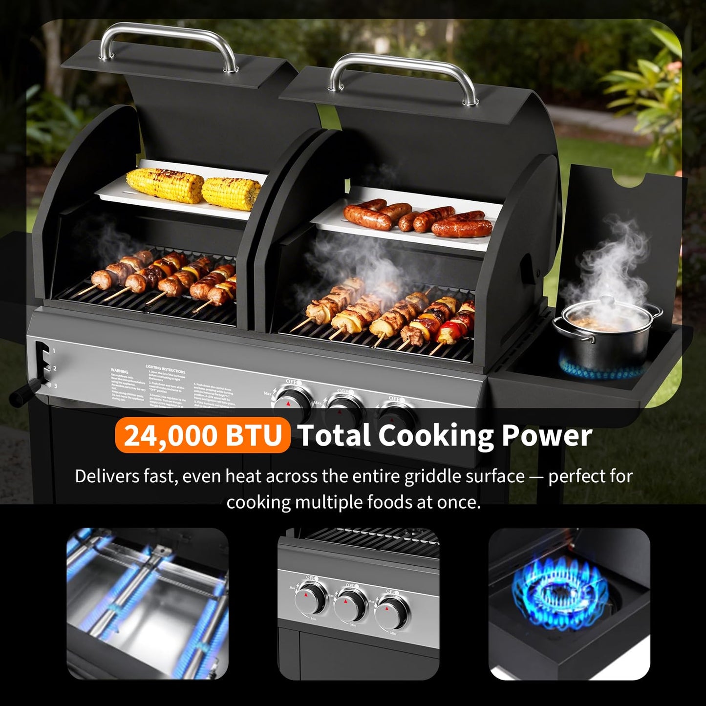 Charcoal and Propane Gas Grill Combo with Side Burner & Porcelain-Enameled Cast Iron Grate, 24,000 BTU Dual Fuel BBQ Grill for Backyard, Outdoor, Patio, Camping, 690 SQIN Cooking Area