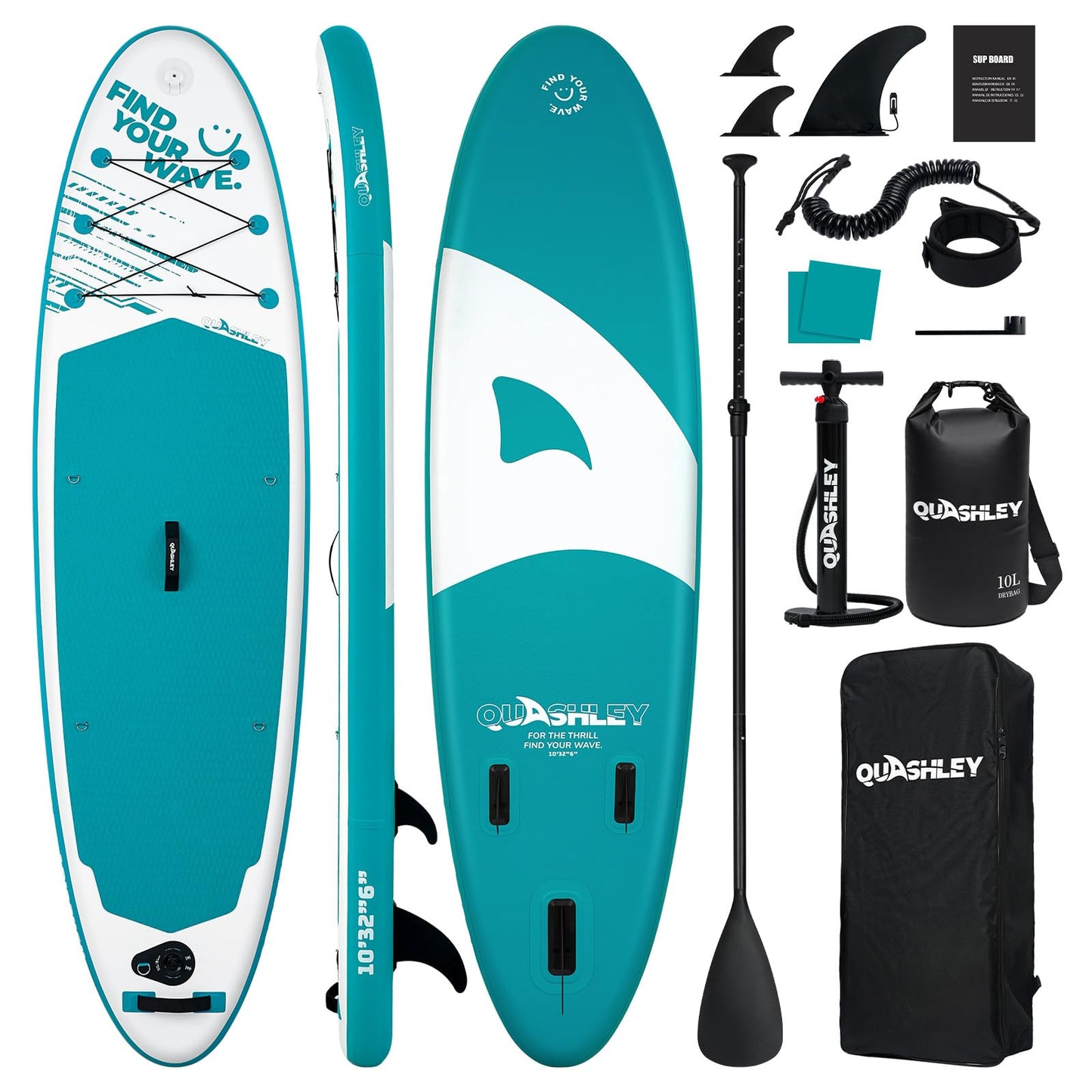 Quashley 10.5'*32" Inflatable SUP Board Premium Kit - Paddle, Pump, 10L Dry Bag Included - Lightweight and Compact for Effortless Transport