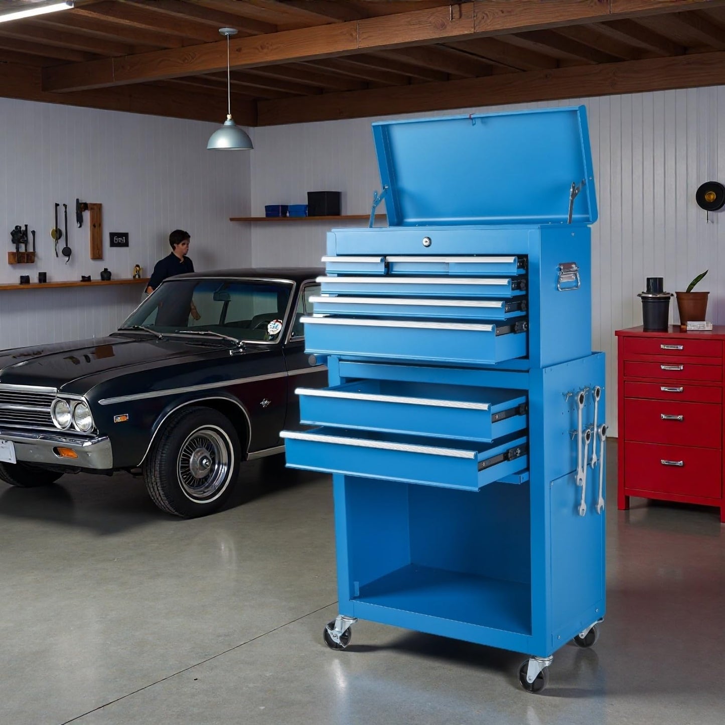 Trygoal Tool Chest, 8-Drawers Rolling Tool Storage Cabinet with 2-in-1 Detachable Tool Box, Liner, Lockable Wheels, Side Hooks, Multifunctional Metal Tool Cart for Garage Workshop, Blue