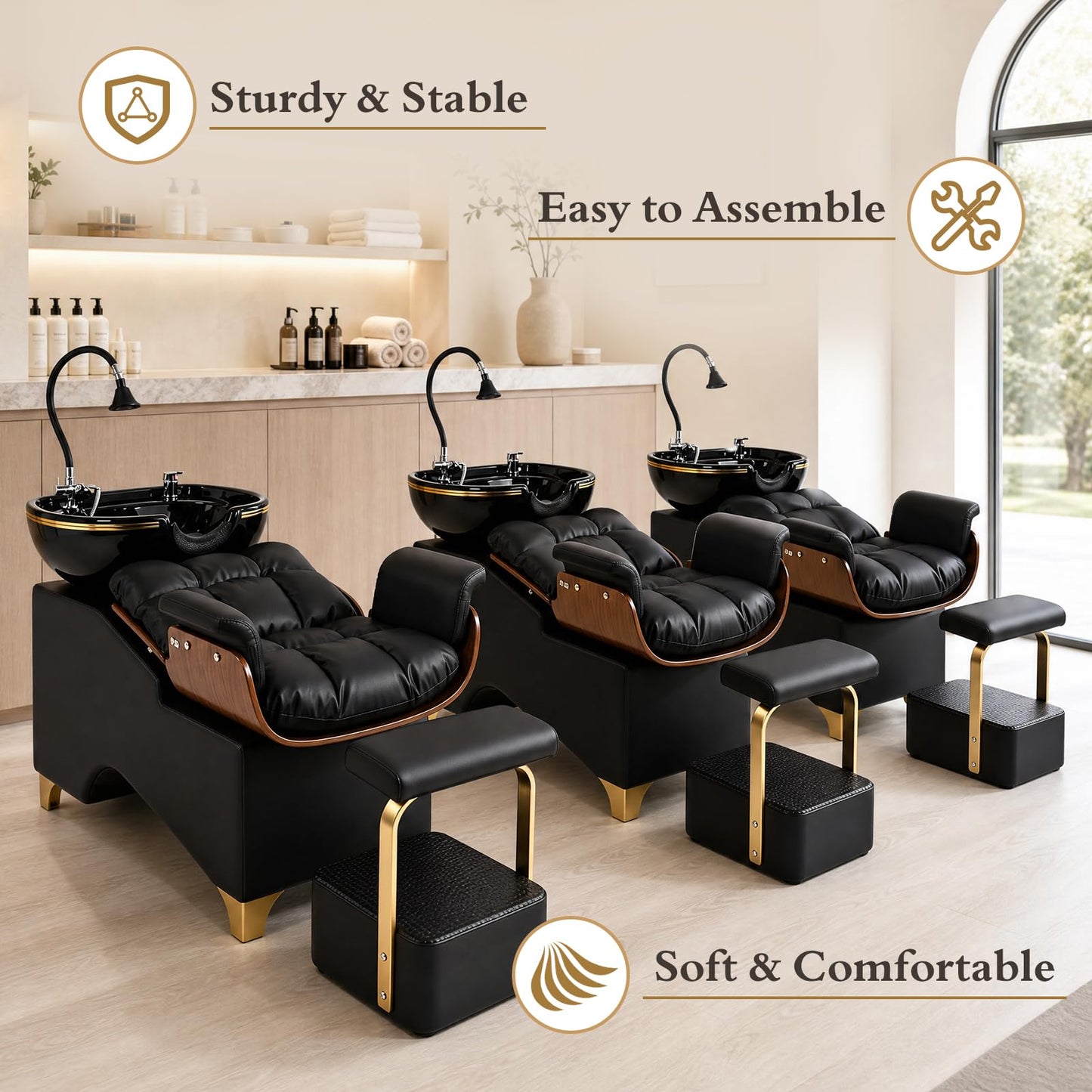 Oakvera Shampoo Bowl and Chair Set of 2 for Salon, Hair Washing Station Barber Backwash Unit with Ceramic Sink, Independent Footstool, Neck Rest & Head Pad, for Beauty Salon, Spa & Barbershop