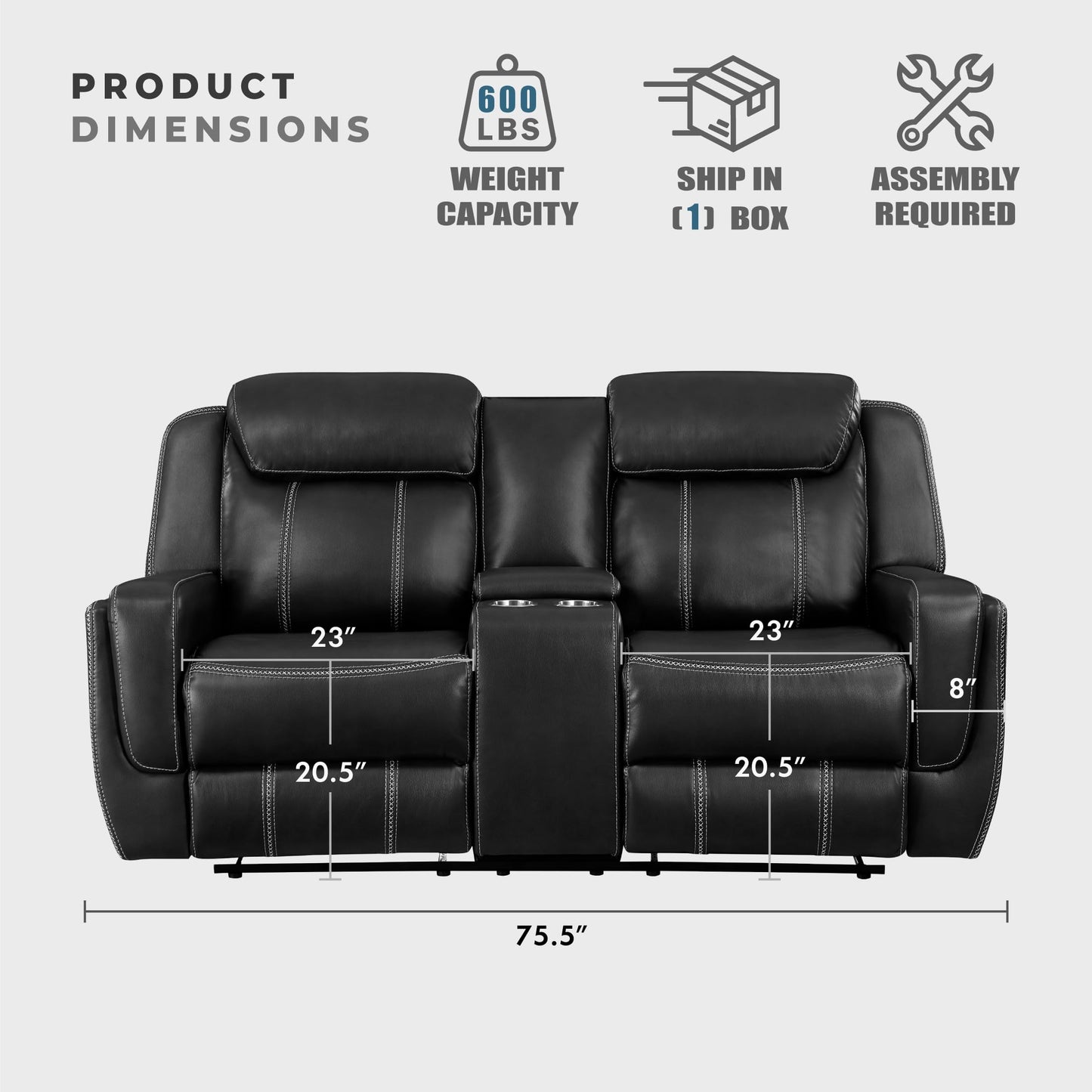 Lexicon Modern Double Reclining Loveseat, Faux Leather Recliner Loveseat With Headrest, Center Console, Receptacles and USB Ports, Manual Recliner Loveseat Sofa For Living Room/Office/Apartment, Black