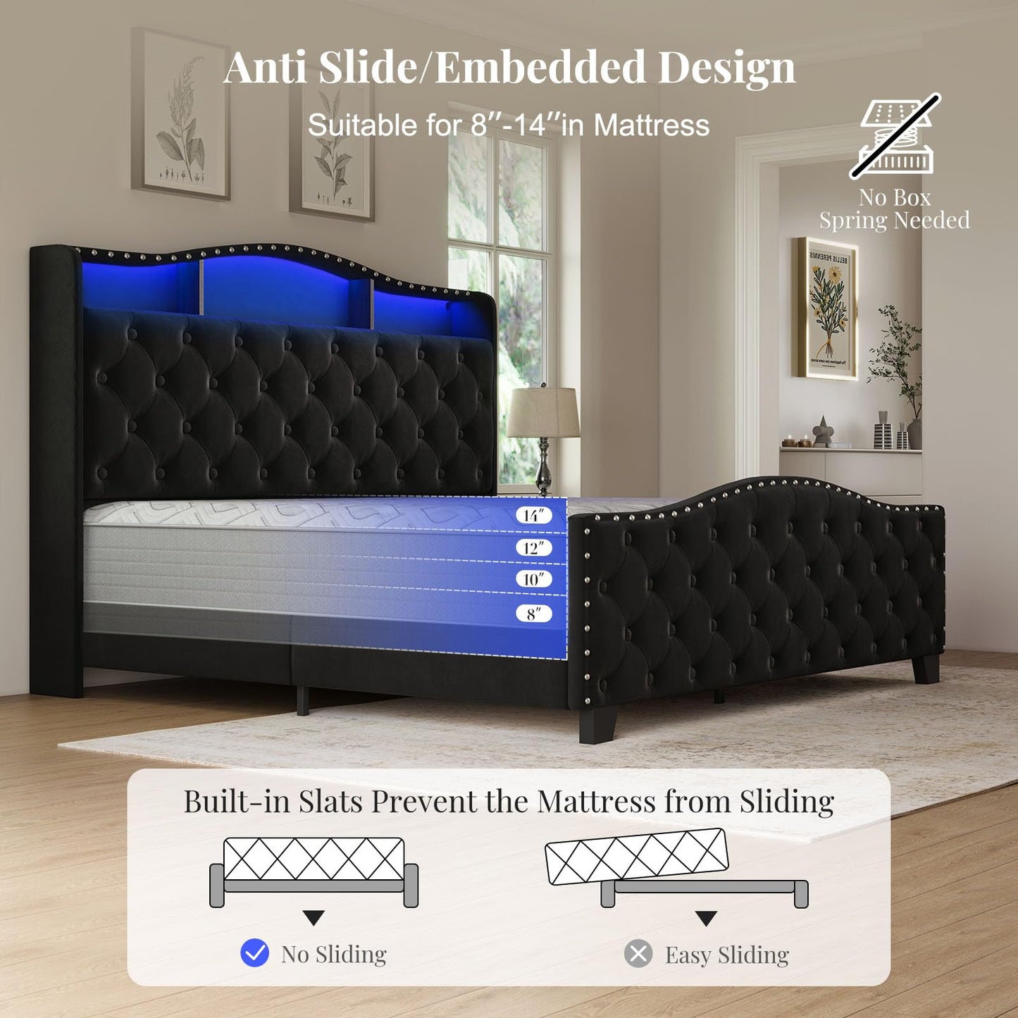 Belffin Queen Size Bed Frame and Headboard, 50.9" Velvet Upholstered Wingback Bedframe with LED Lights & Storage/Charging Station, Button Tufted Tall Footboard, No Box Spring Needed, Noise-Free, Black