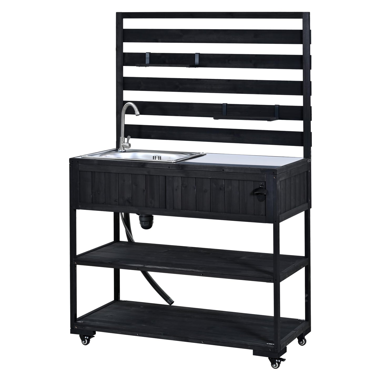 GDFStudio Elvale Patio Rolling Kitchen Island Cart with Sink, Wooden Outdoor Storage Cabinet with Stainless Steel Top, Movable Shelves, Bottle Opener and Lockable Wheels, Garden Potting Bench, Black