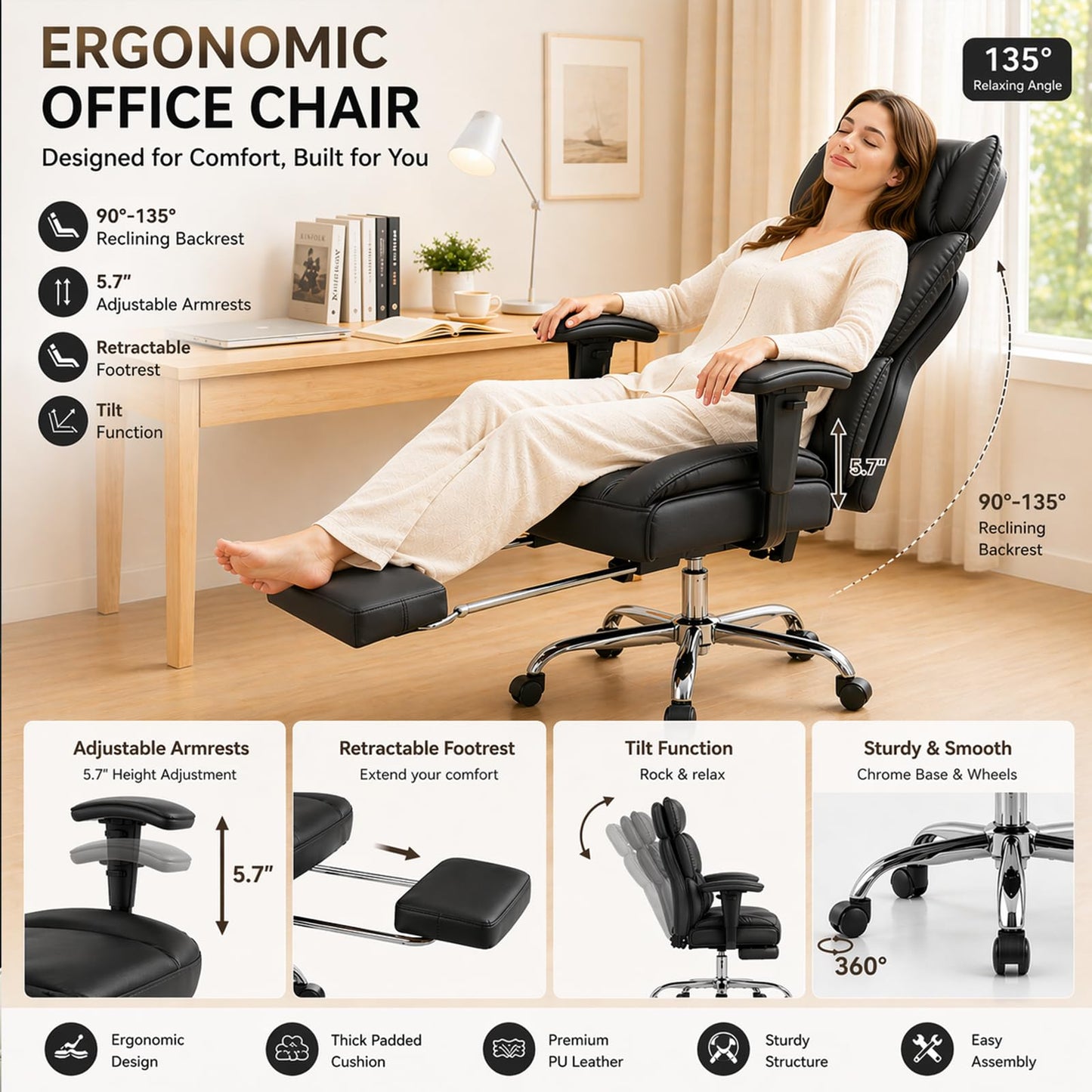 Big and Tall Office Chair 350 LBS, Scratch-Resistant PU Leather Executive Office Desk Chair with Footrest, Ergonomic Reclining Computer Chair with Pocket Spring Support for Home Office, Black